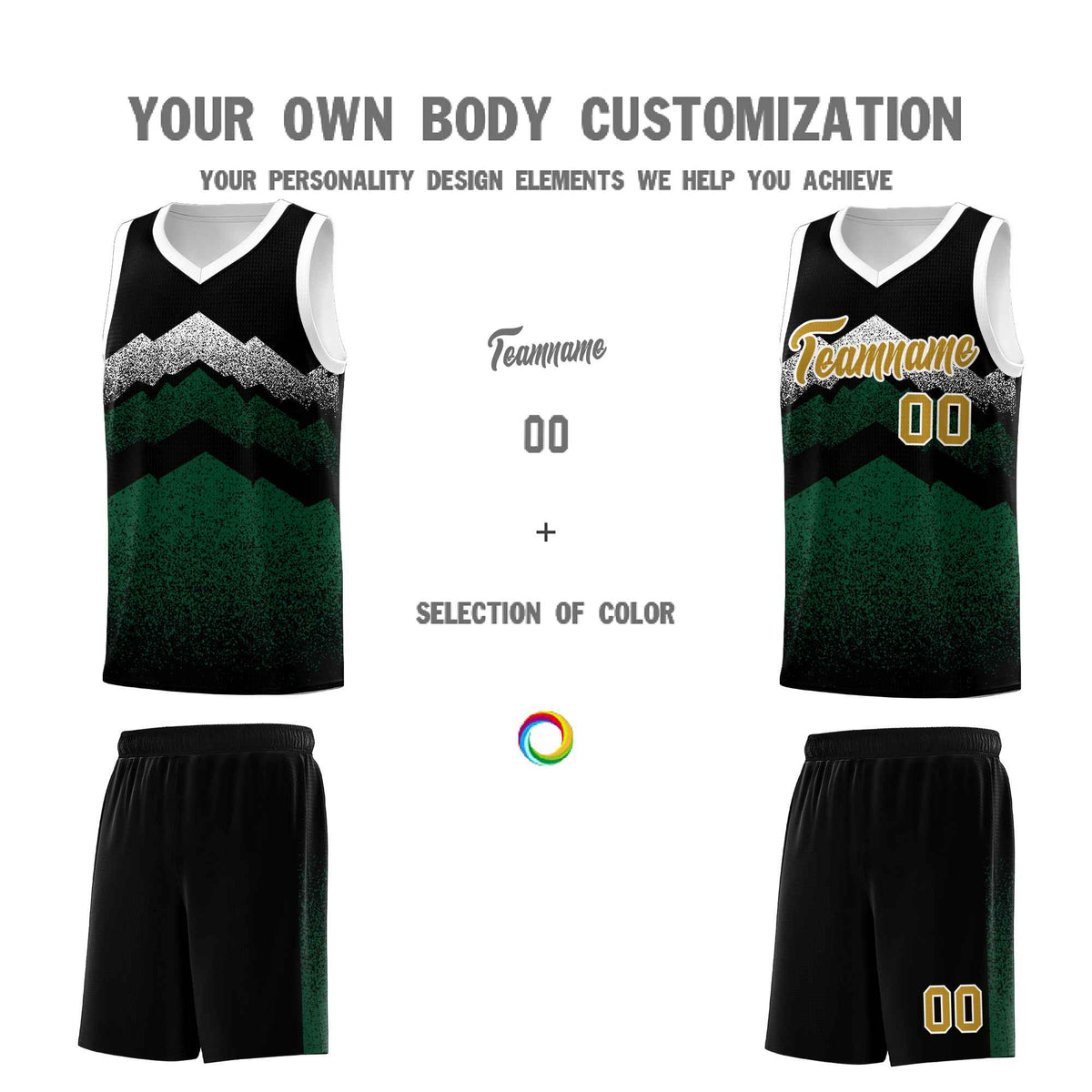 Personalized Youth Basketball Jerseys   Black Green Gradient Mountain Design Uniforms