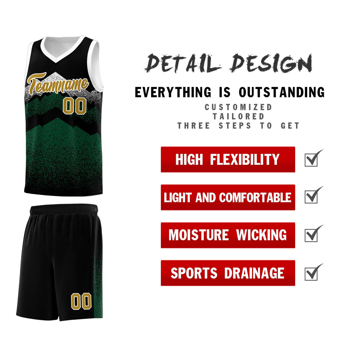 Personalized Youth Basketball Jerseys   Black Green Gradient Mountain Design Uniforms
