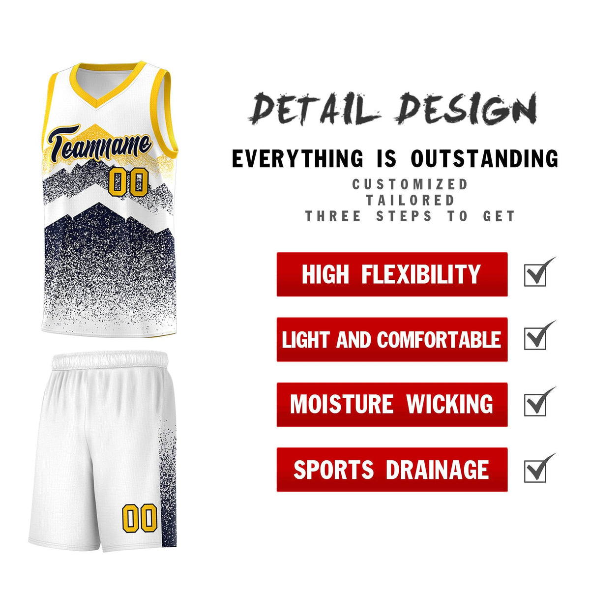 Custom Youth Basketball Jerseys White Navy Gradient Mountain Design Uniforms