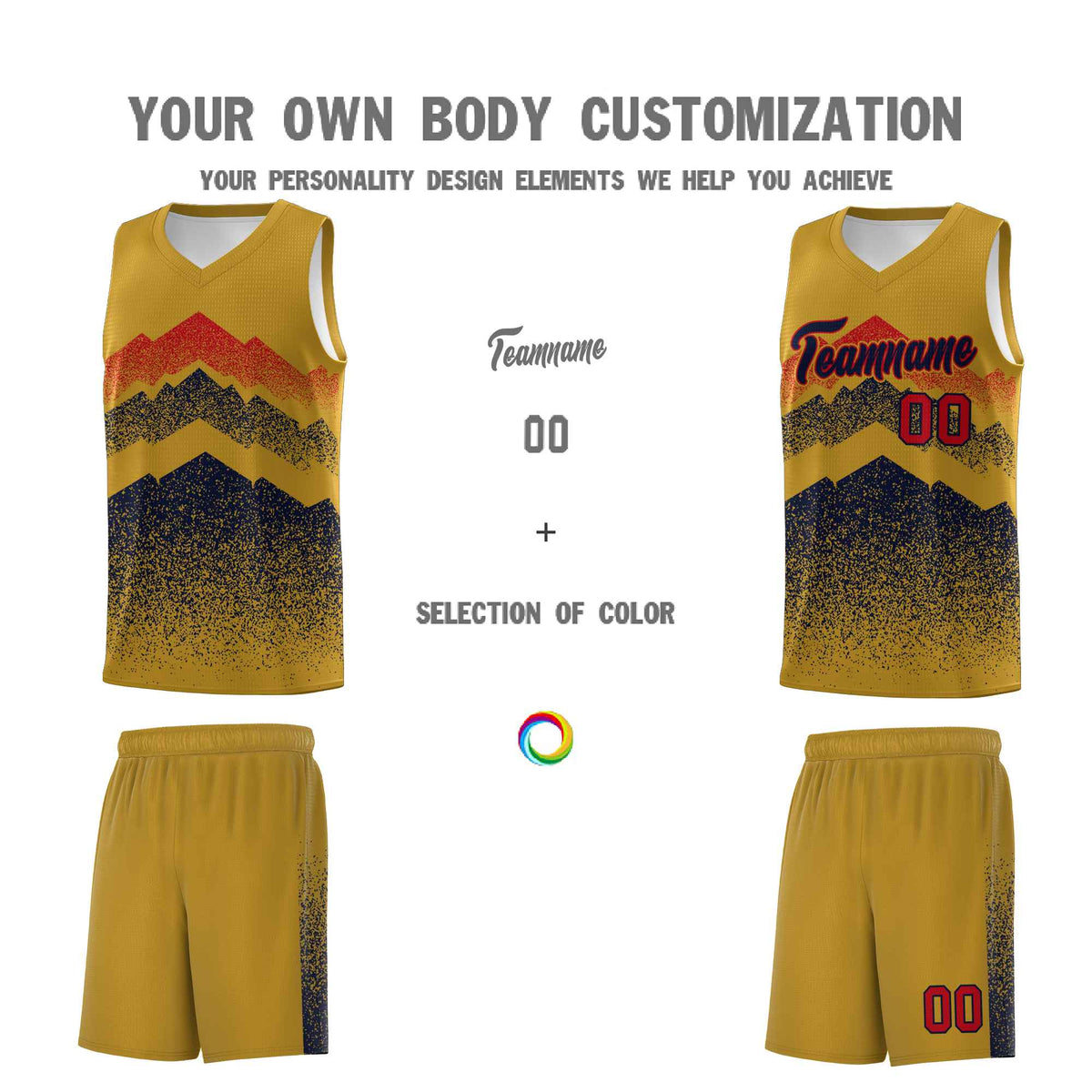 Personalized Youth Basketball Jerseys   Old Gold Navy Gradient Mountain Design Uniforms