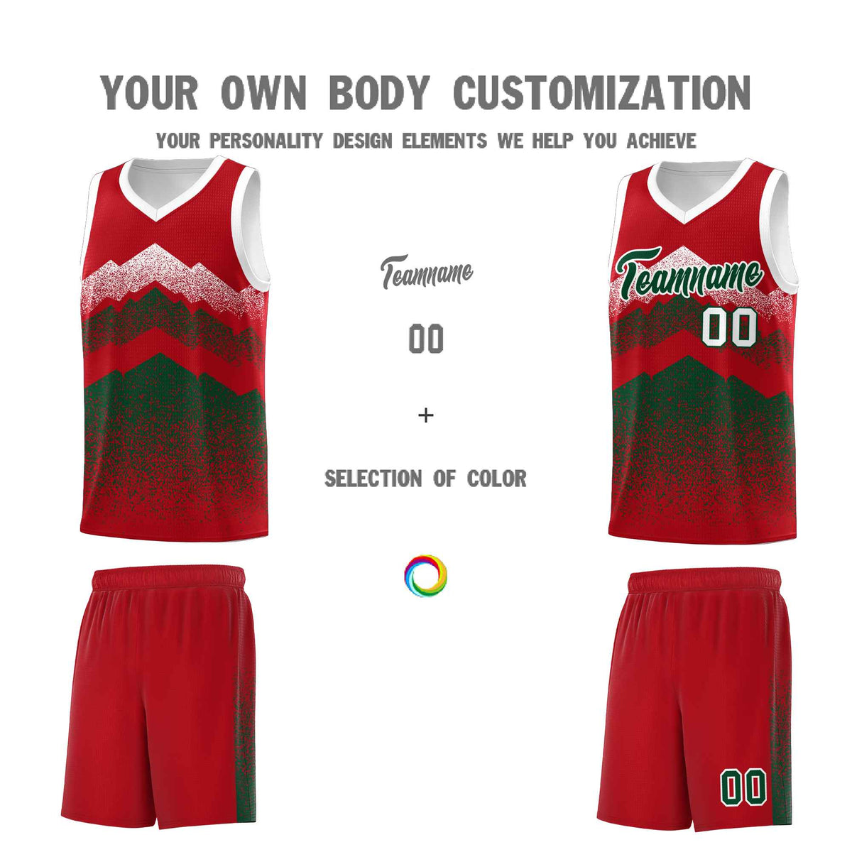 Custom Youth Basketball Jerseys Red Green Gradient Mountain Design Uniforms