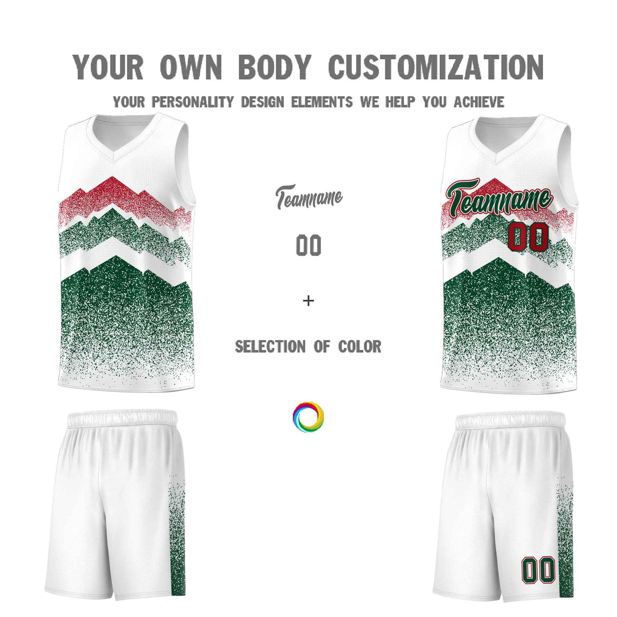 Custom Youth Basketball Jerseys White Green Gradient Mountain Design Uniforms