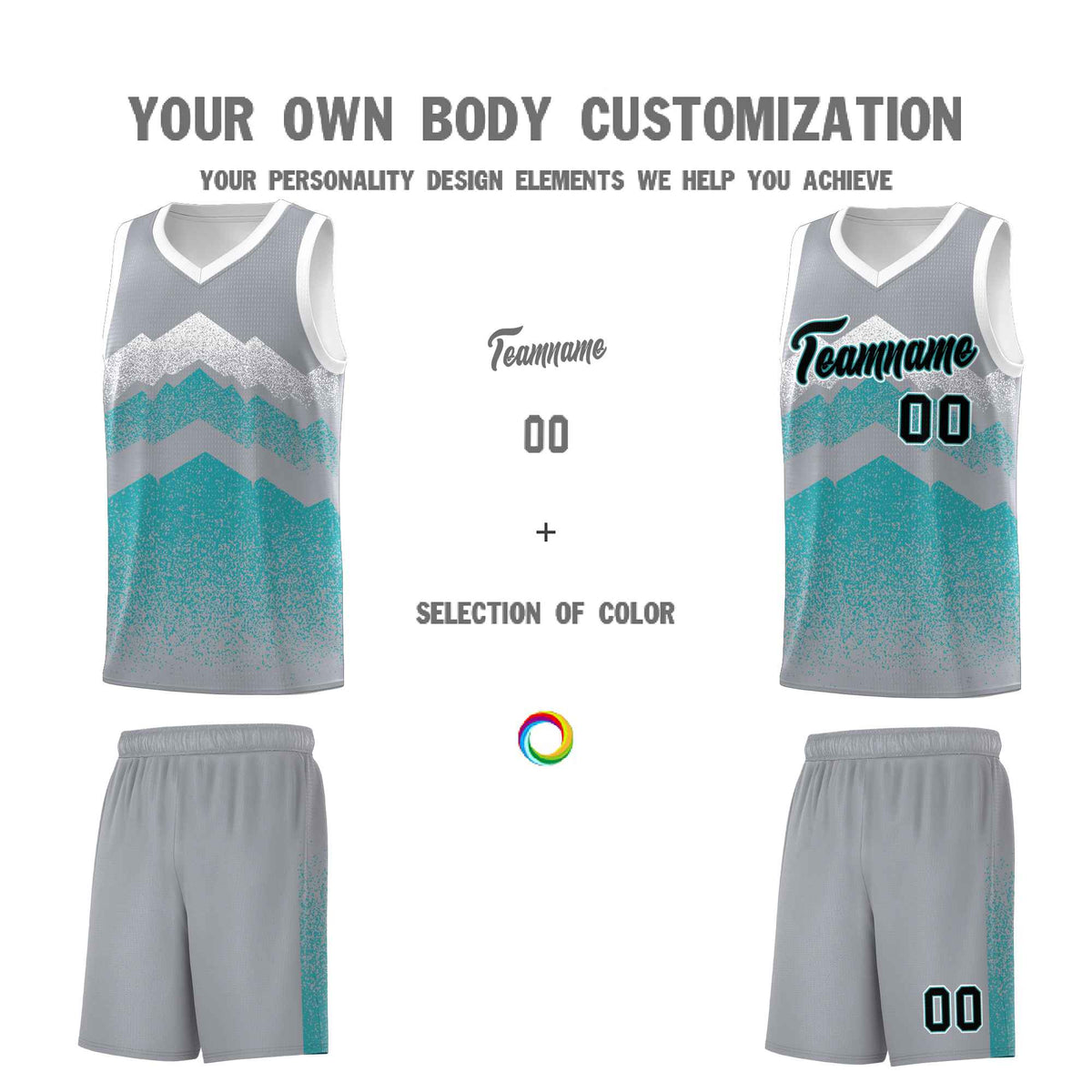 Personalized Youth Basketball Jerseys   Silver Teal Gradient Mountain Design Uniforms