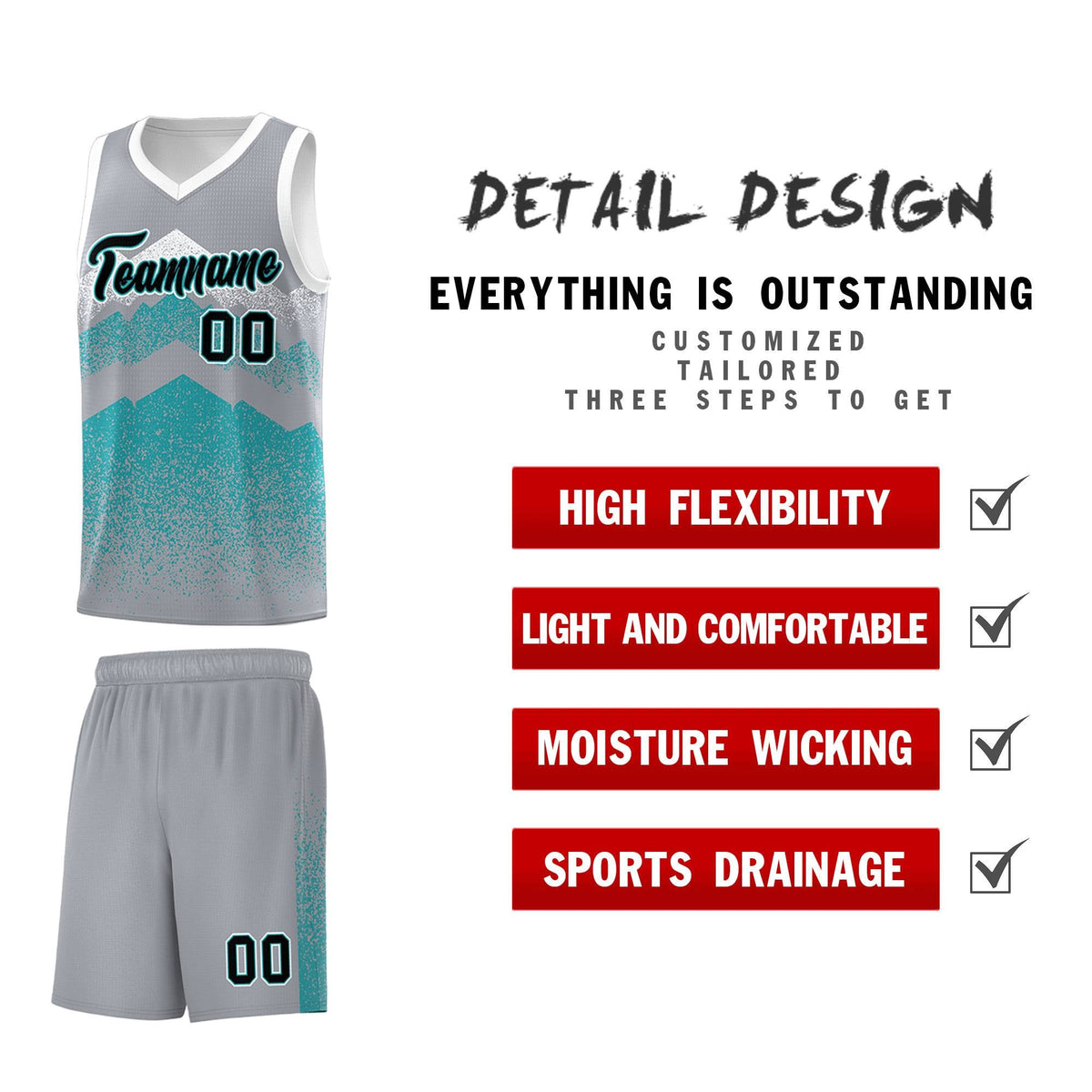 Personalized Youth Basketball Jerseys   Silver Teal Gradient Mountain Design Uniforms