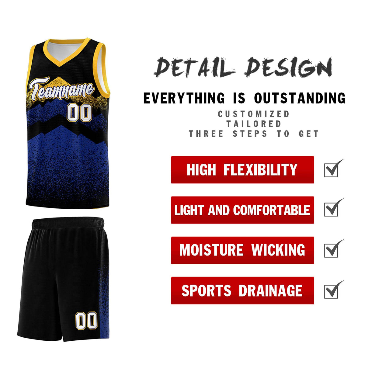 Personalized Youth Basketball Jerseys   Black Royal Gradient Mountain Design Uniforms