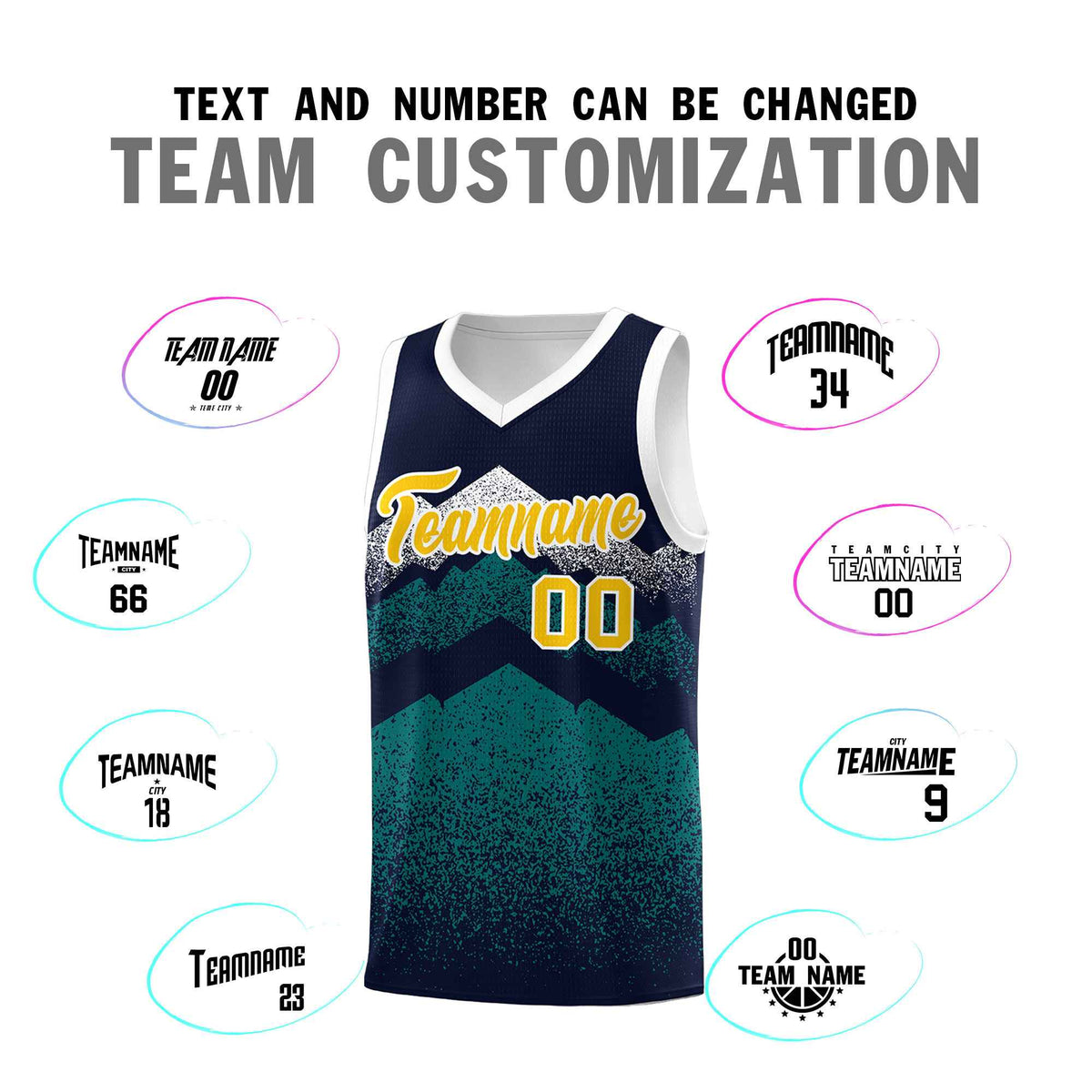 Custom Youth Basketball Jerseys Navy Teal Gradient Mountain Design Uniforms