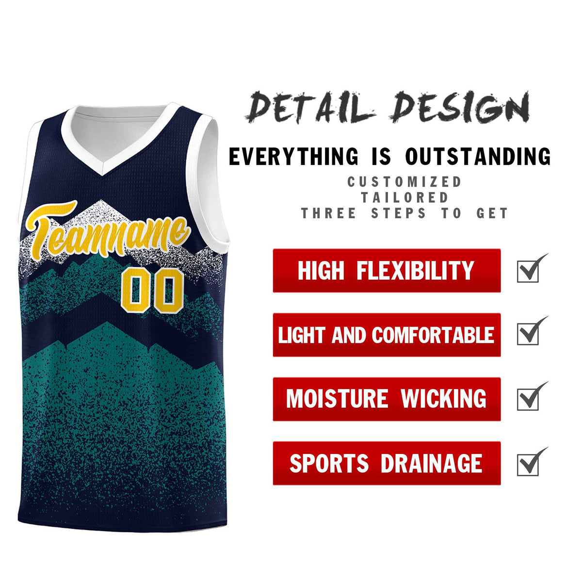 Custom Youth Basketball Jerseys Navy Teal Gradient Mountain Design Uniforms