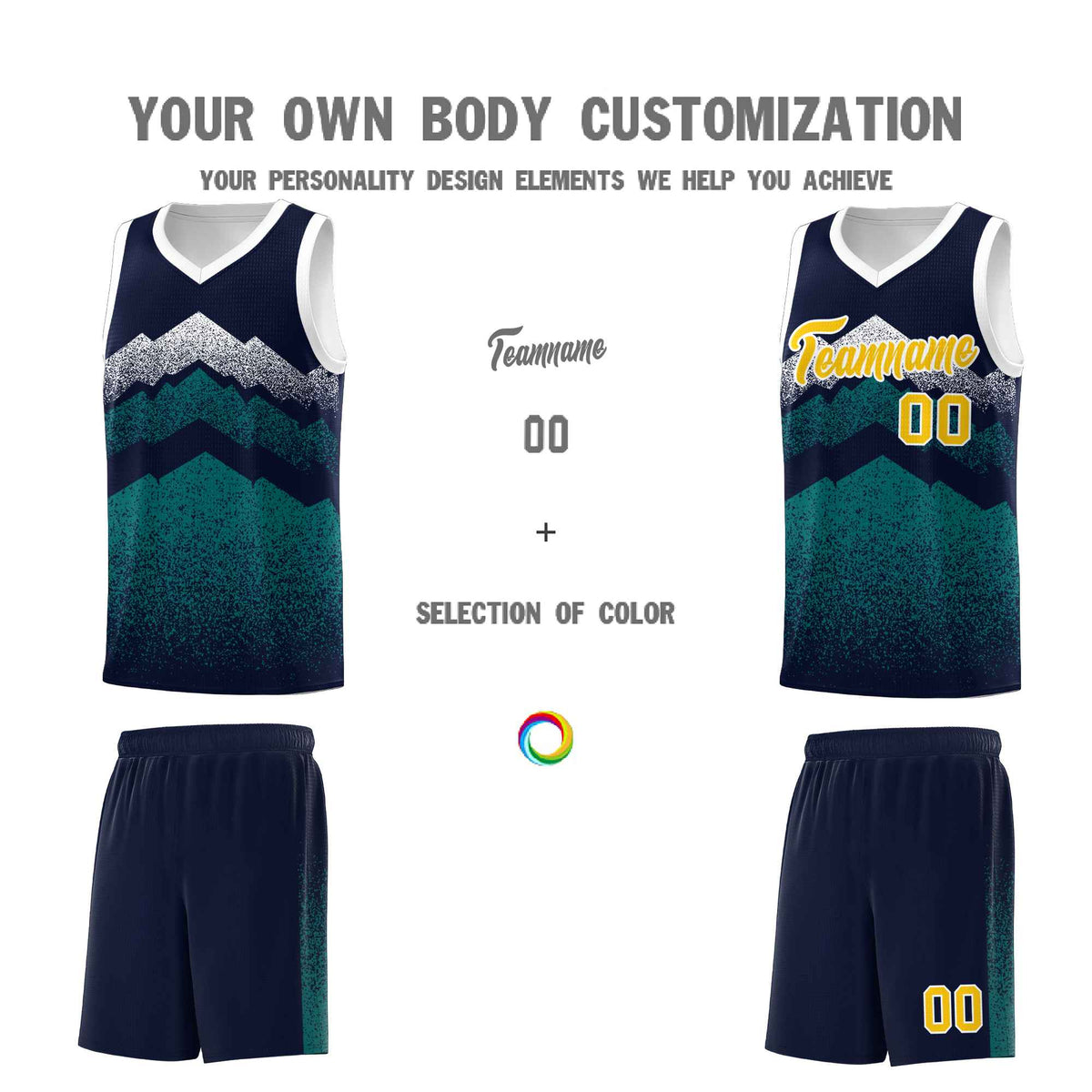 Custom Youth Basketball Jerseys Navy Teal Gradient Mountain Design Uniforms
