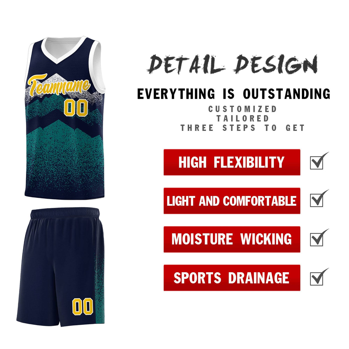Custom Youth Basketball Jerseys Navy Teal Gradient Mountain Design Uniforms