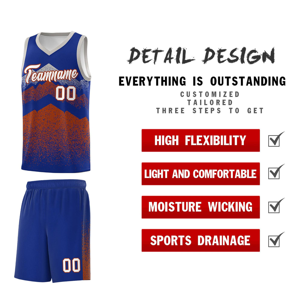 Custom Youth Basketball Jerseys Royal Dark Orange Gradient Mountain Design Uniforms