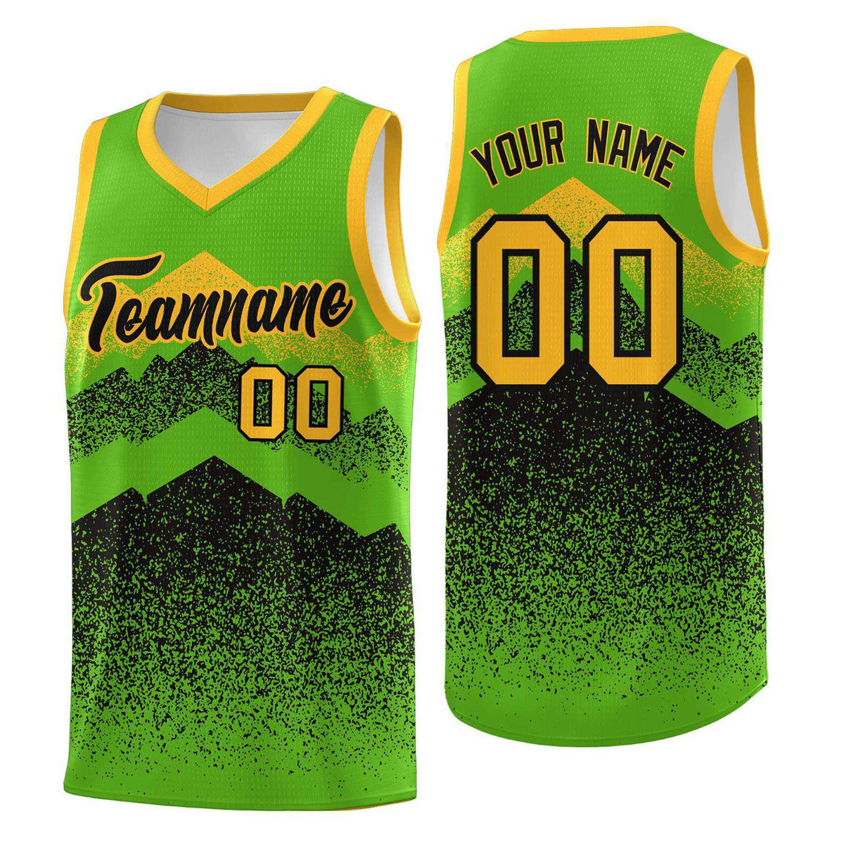 Custom Youth Basketball Jerseys Green Black Gradient Mountain Design Uniforms