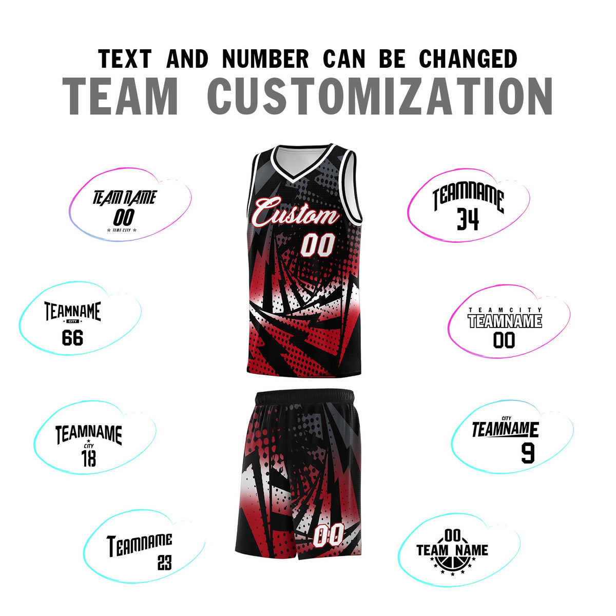 Custom Youth Basketball Jerseys Black Red Lightning Halftone Personalized Team Uniforms