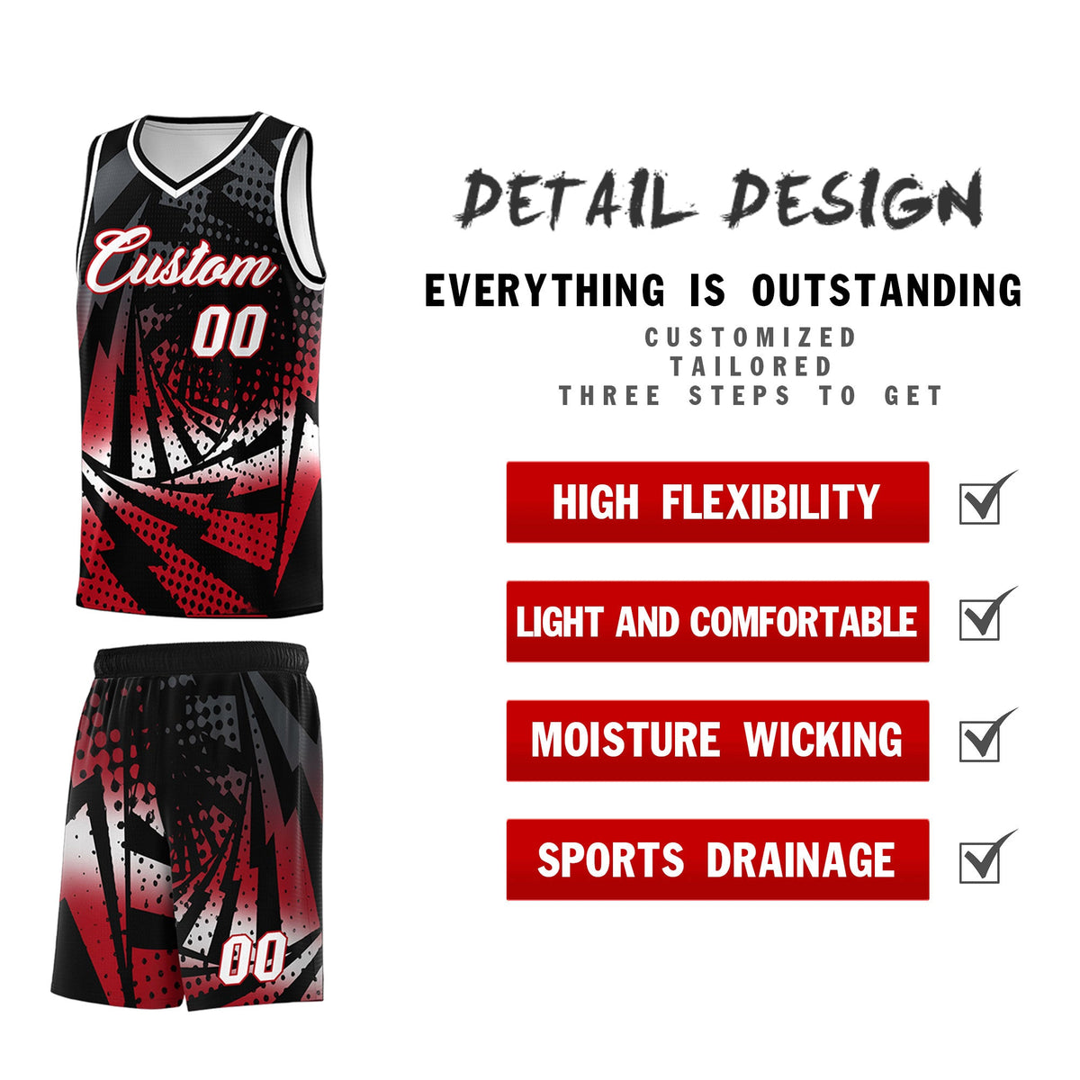 Custom Youth Basketball Jerseys Black Red Lightning Halftone Personalized Team Uniforms