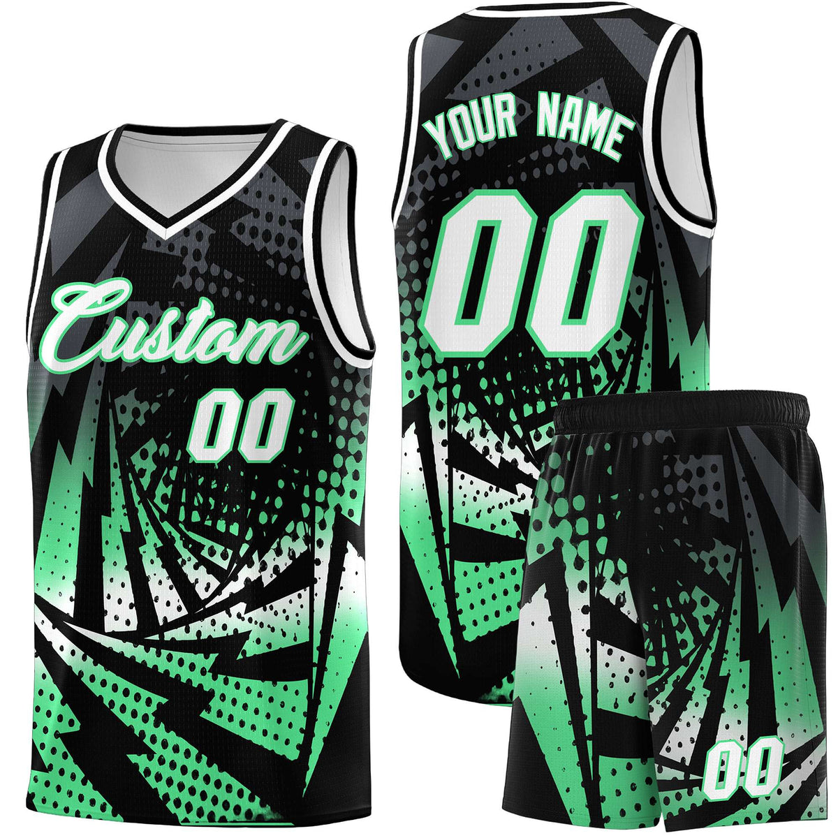 Custom Youth Basketball Jerseys Black Green Lightning Design Halftone Personalized Uniforms