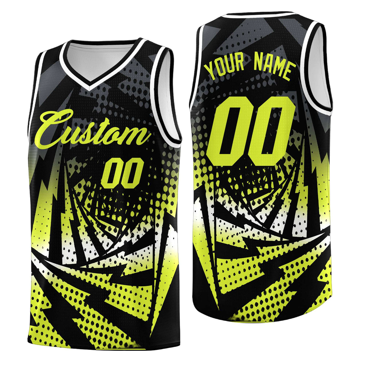 Custom Youth Basketball Jerseys Black Fluorescent Green Lightning Halftone Personalized Team Uniforms