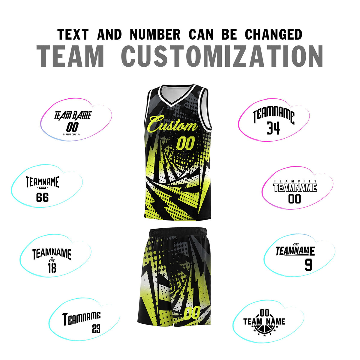 Custom Youth Basketball Jerseys Black Fluorescent Green Lightning Halftone Personalized Team Uniforms