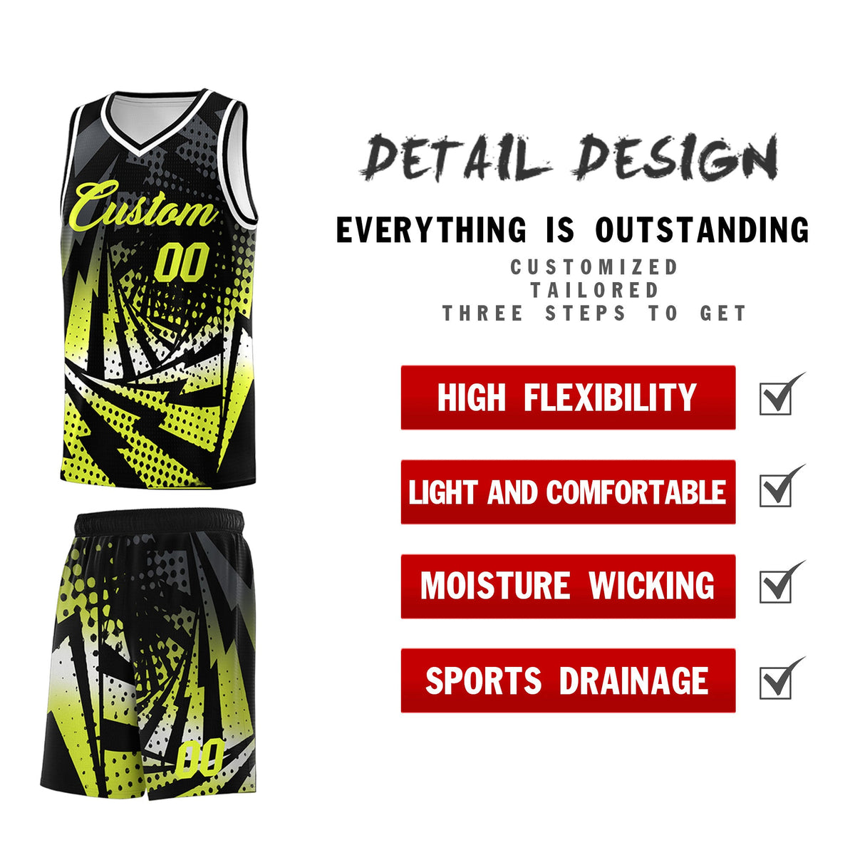 Custom Youth Basketball Jerseys Black Fluorescent Green Lightning Halftone Personalized Team Uniforms