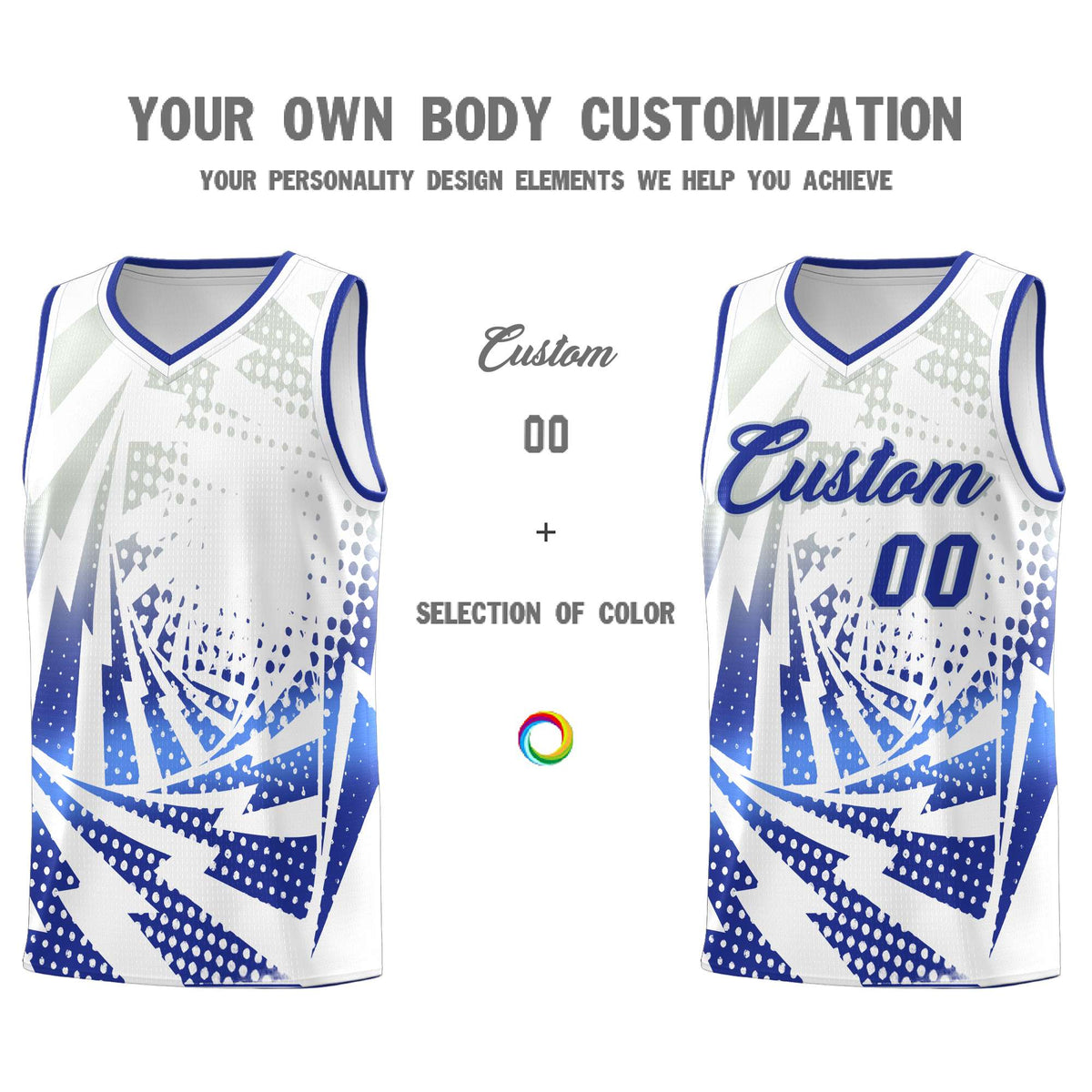 Custom Youth Basketball Jerseys White Royal Blue Lightning Design Halftone Personalized Uniforms