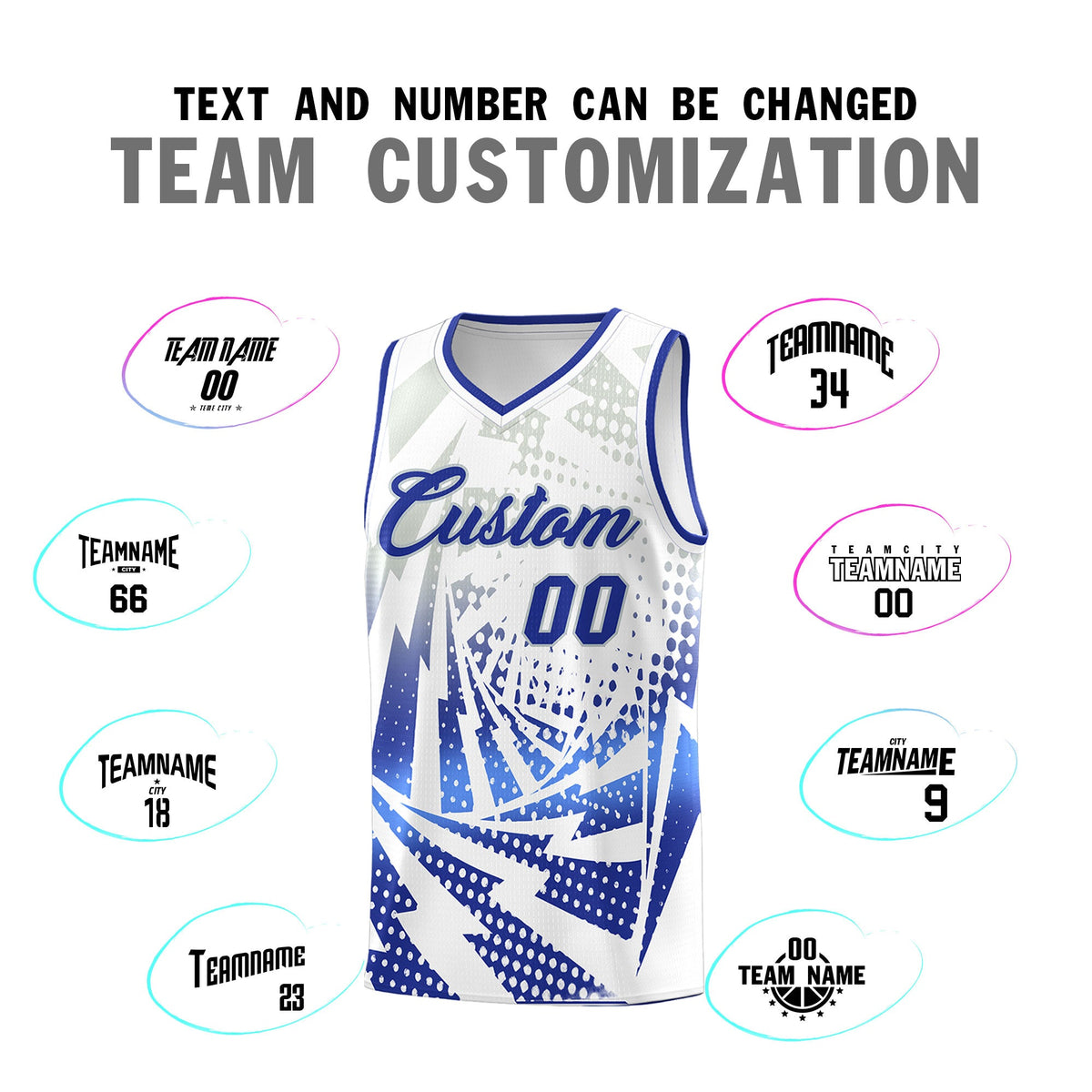 Custom Youth Basketball Jerseys White Royal Blue Lightning Design Halftone Personalized Uniforms