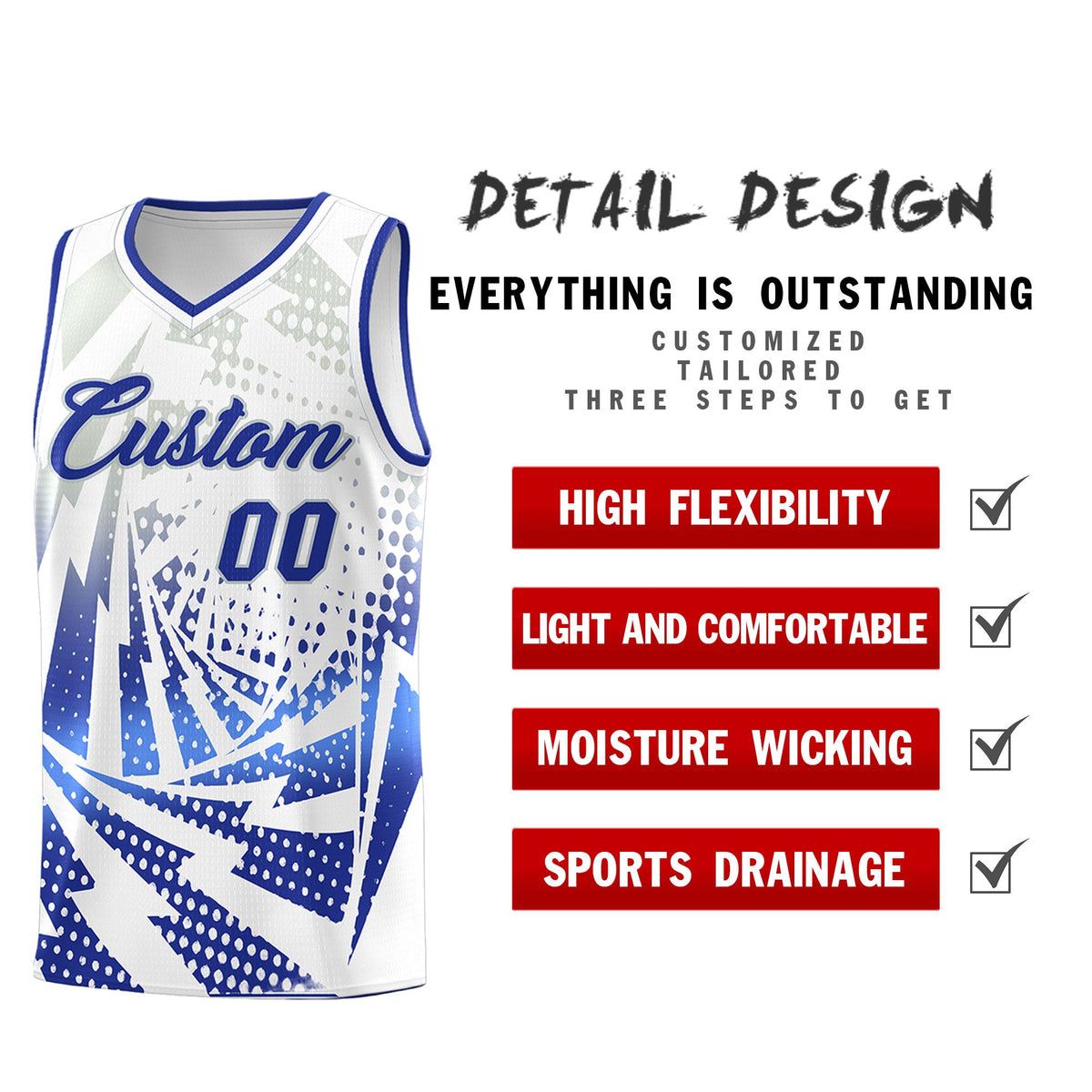Custom Youth Basketball Jerseys White Royal Blue Lightning Design Halftone Personalized Uniforms