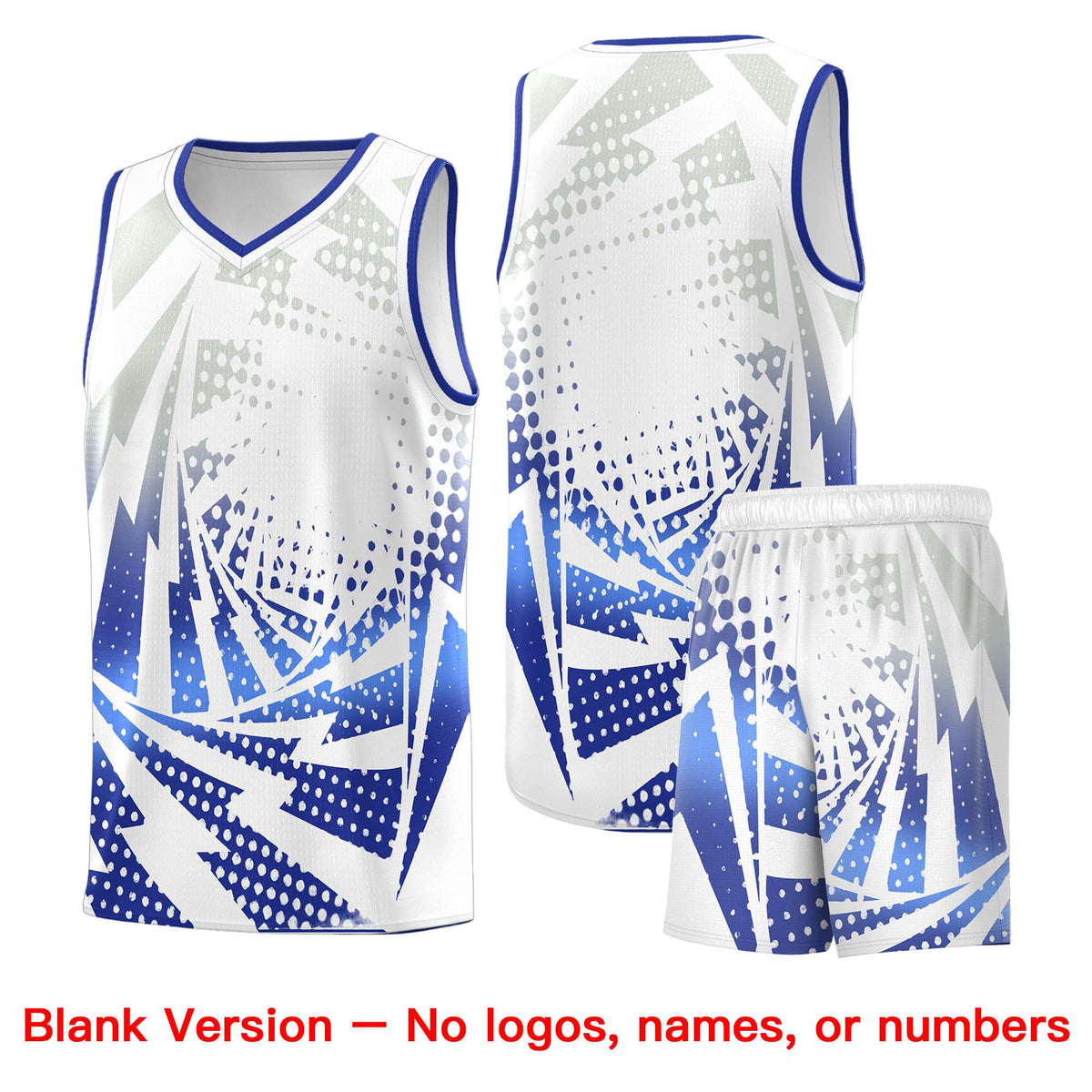 Custom Youth Basketball Jerseys White Royal Blue Lightning Design Halftone Personalized Uniforms