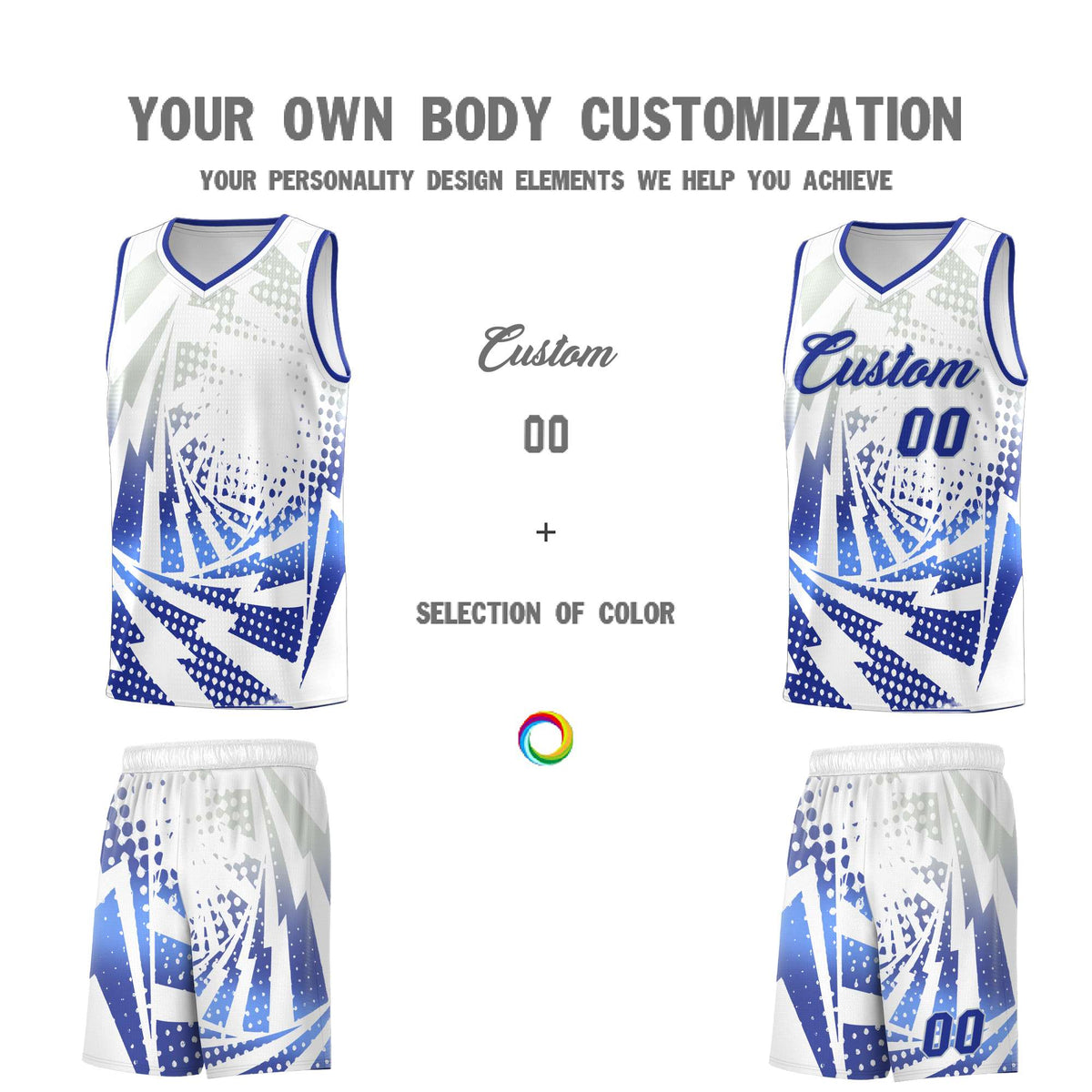 Custom Youth Basketball Jerseys White Royal Blue Lightning Design Halftone Personalized Uniforms