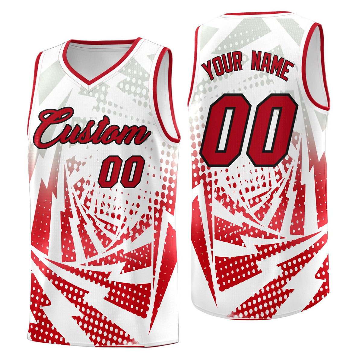 Custom Youth Basketball Jerseys White Red Lightning Halftone Personalized Team Uniforms