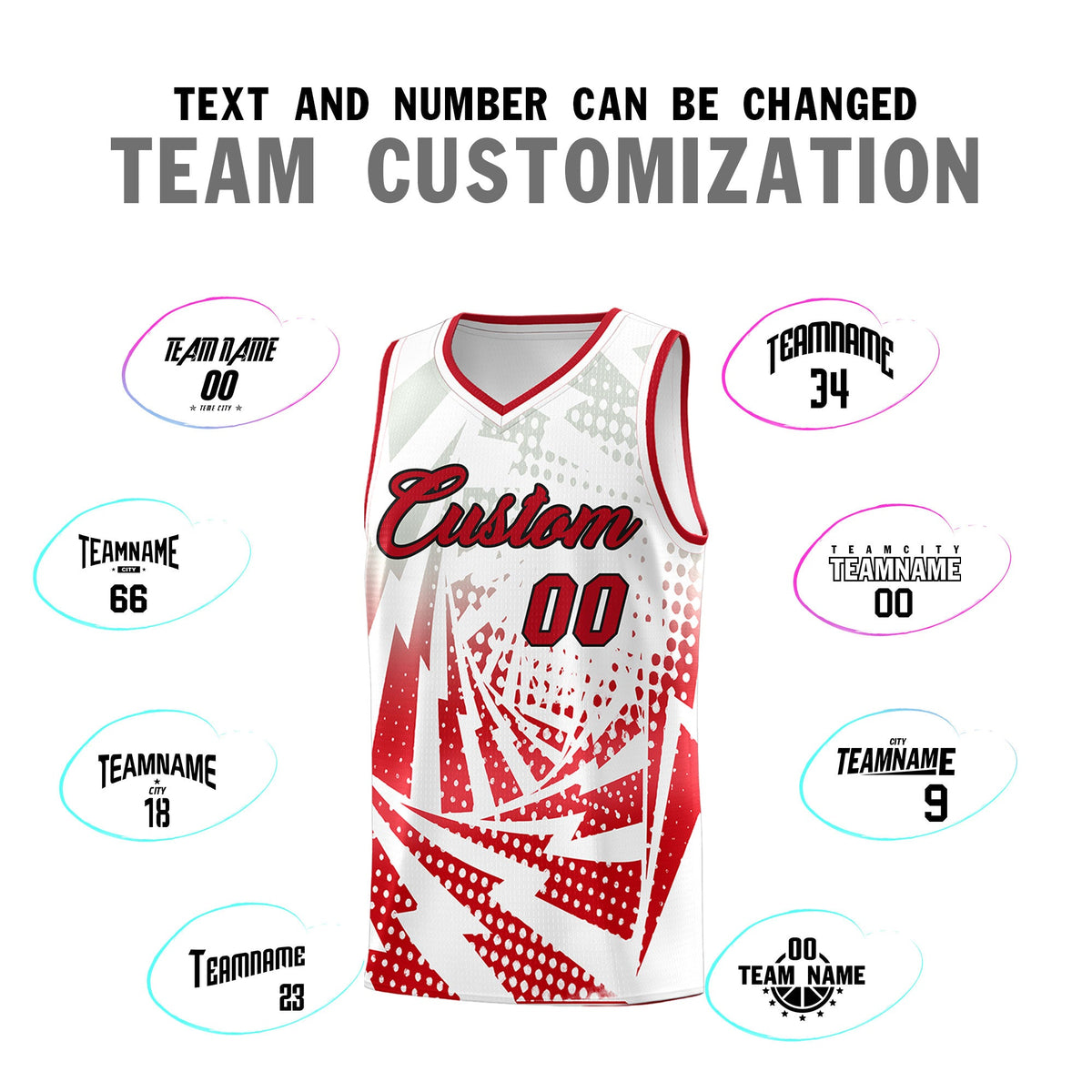Custom Youth Basketball Jerseys White Red Lightning Halftone Personalized Team Uniforms