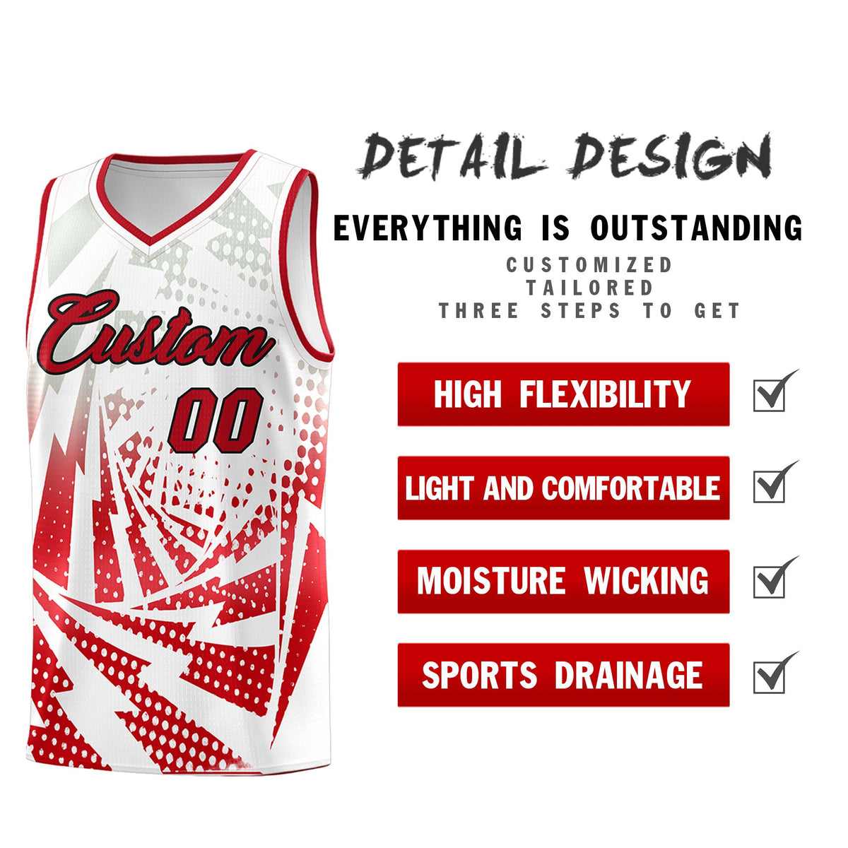 Custom Youth Basketball Jerseys White Red Lightning Halftone Personalized Team Uniforms