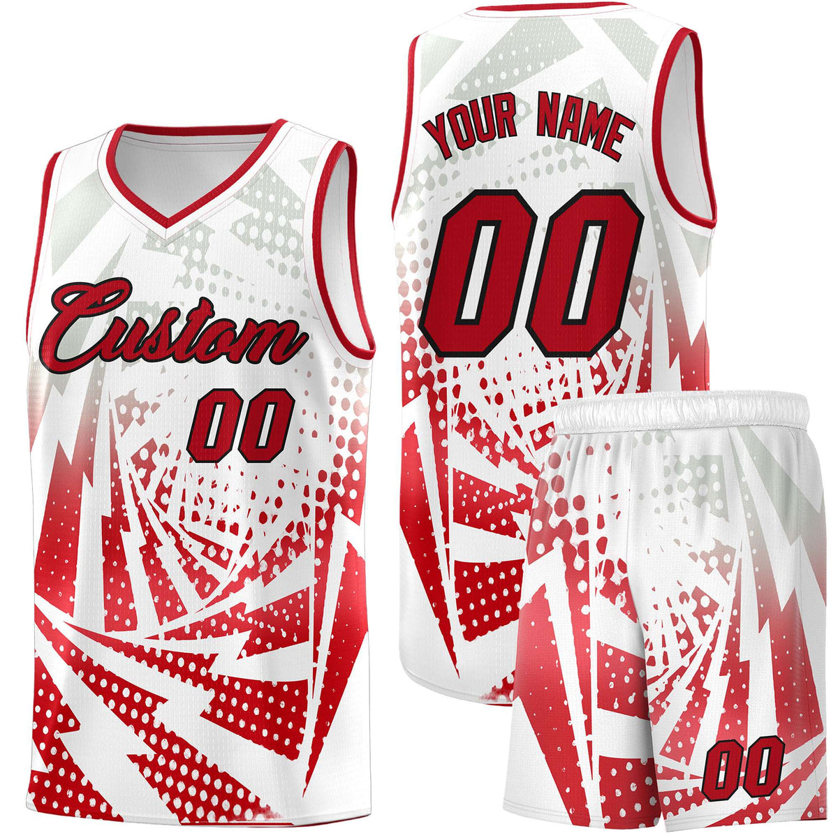 Custom Youth Basketball Jerseys White Red Lightning Halftone Personalized Team Uniforms