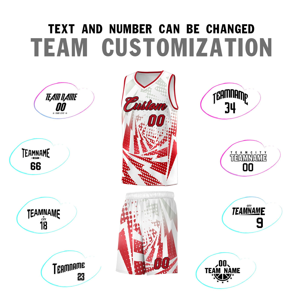 Custom Youth Basketball Jerseys White Red Lightning Halftone Personalized Team Uniforms