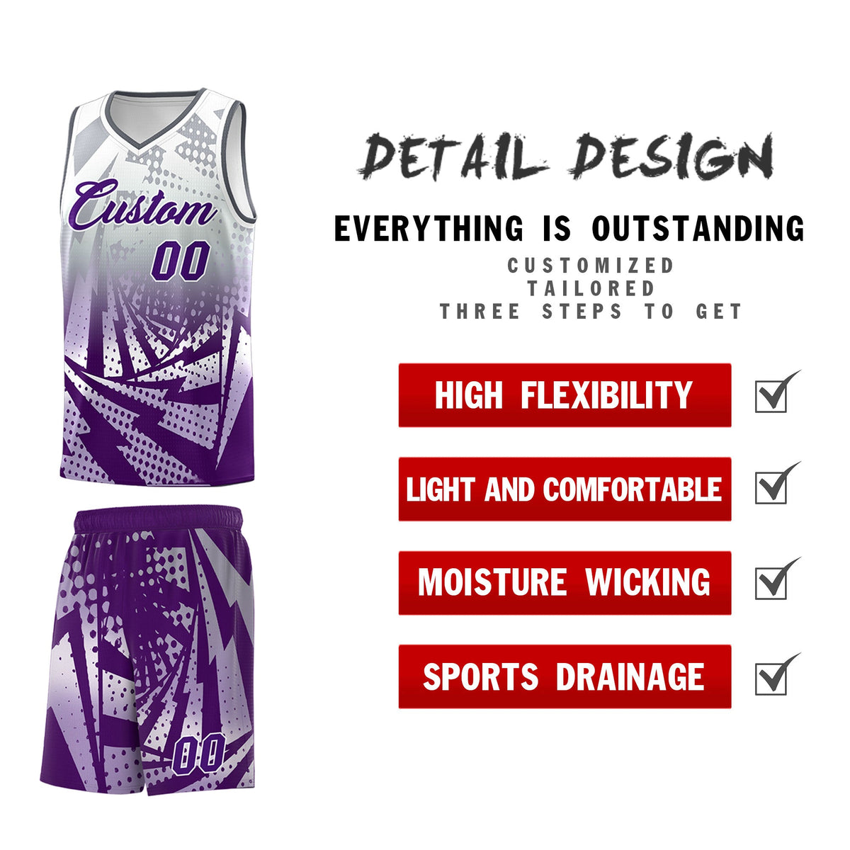 Custom Youth Basketball Jerseys Silver Gray Purple Lightning Design Halftone Personalized Uniforms