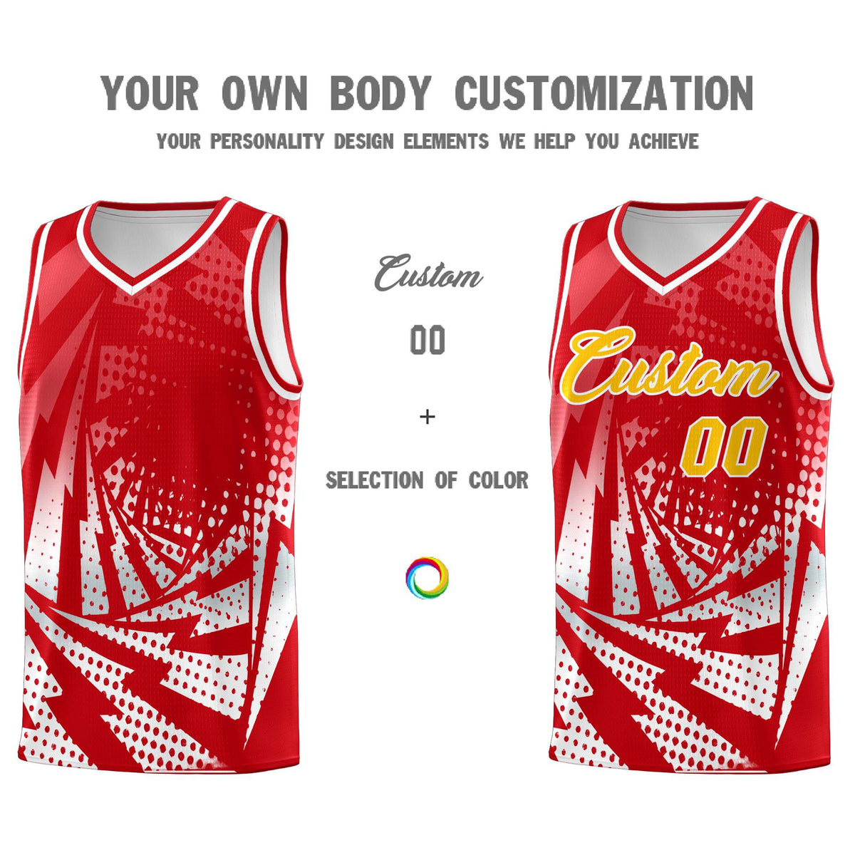 Custom Youth Basketball Jerseys Red White Lightning Halftone Personalized Team Uniforms