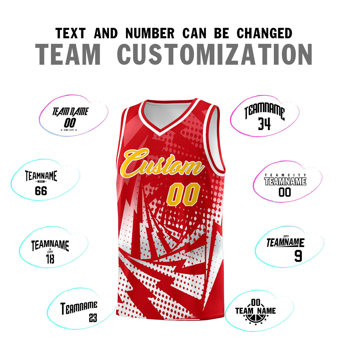 Custom Youth Basketball Jerseys Red White Lightning Halftone Personalized Team Uniforms