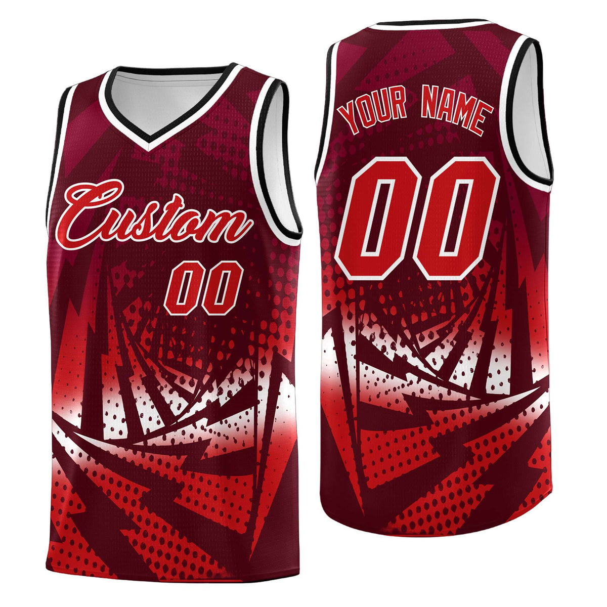 Custom Youth Basketball Jerseys Maroon Red Lightning Halftone Personalized Team Uniforms