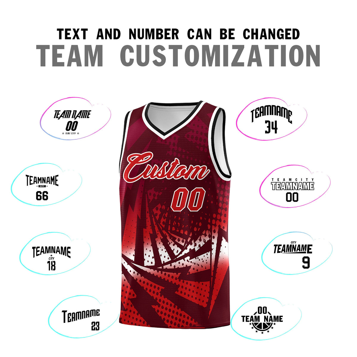 Custom Youth Basketball Jerseys Maroon Red Lightning Halftone Personalized Team Uniforms