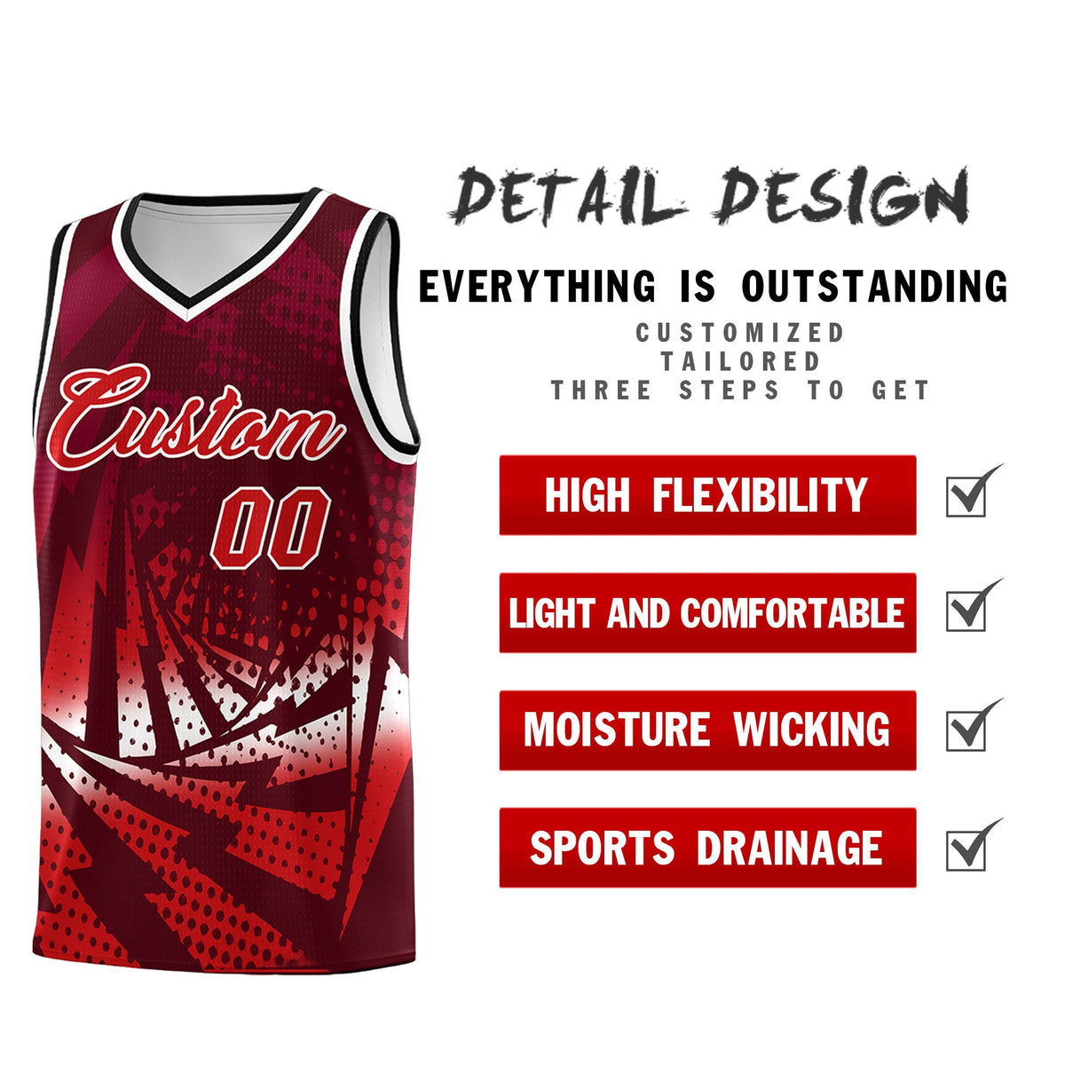 Custom Youth Basketball Jerseys Maroon Red Lightning Halftone Personalized Team Uniforms