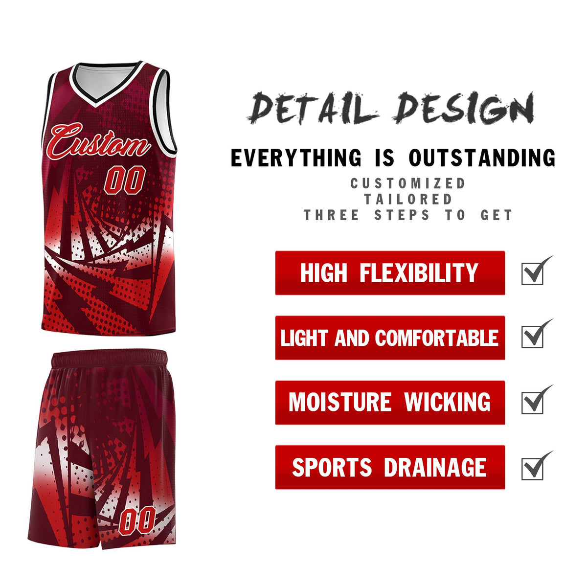Custom Youth Basketball Jerseys Maroon Red Lightning Halftone Personalized Team Uniforms
