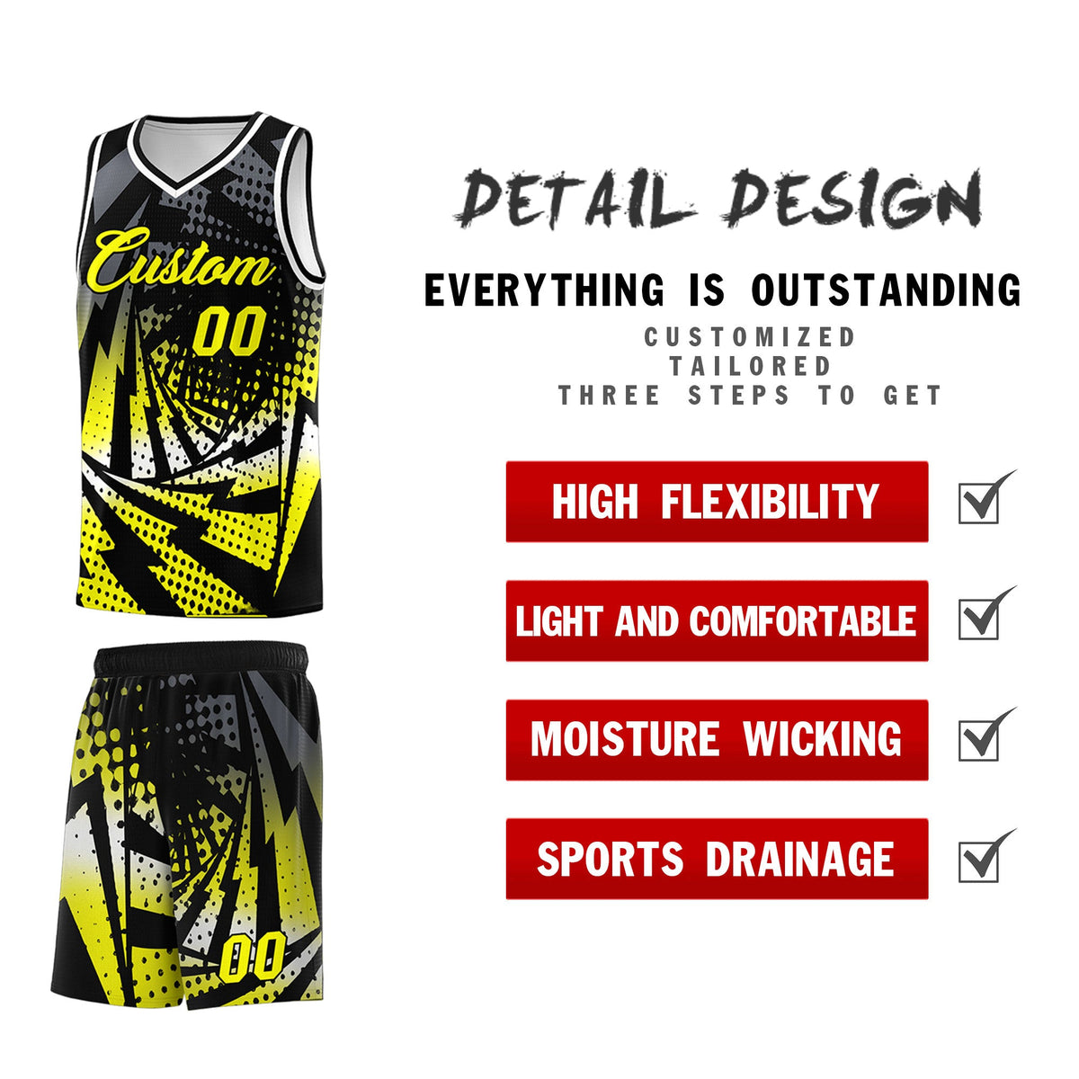 Custom Youth Basketball Jerseys Black Fluorescent Yellow Lightning Design Halftone Personalized Uniforms