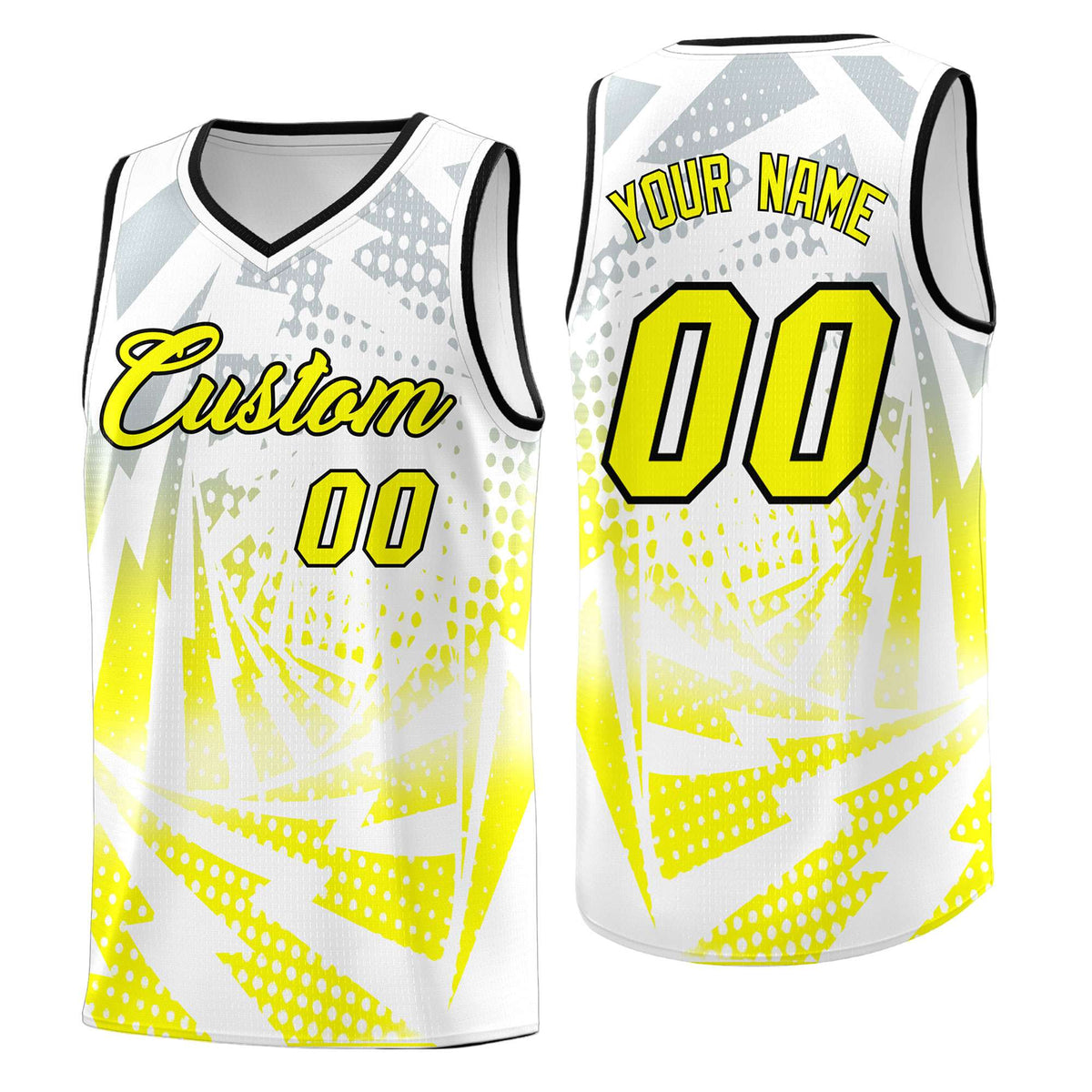 Custom Youth Basketball Jerseys White Fluorescent Yellow Lightning Halftone Personalized Team Uniforms