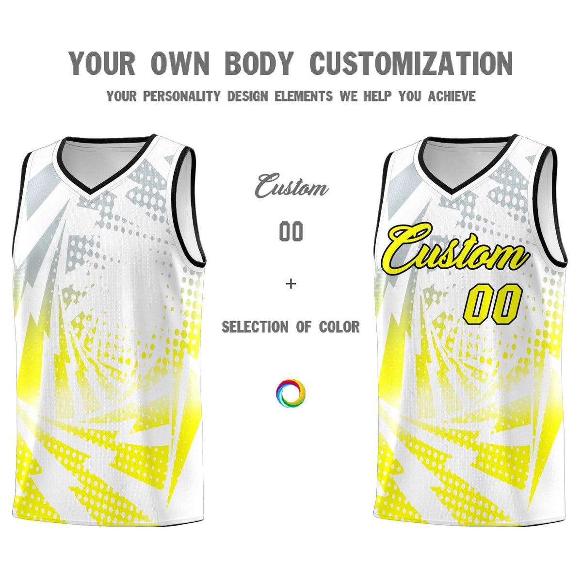 Custom Youth Basketball Jerseys White Fluorescent Yellow Lightning Halftone Personalized Team Uniforms