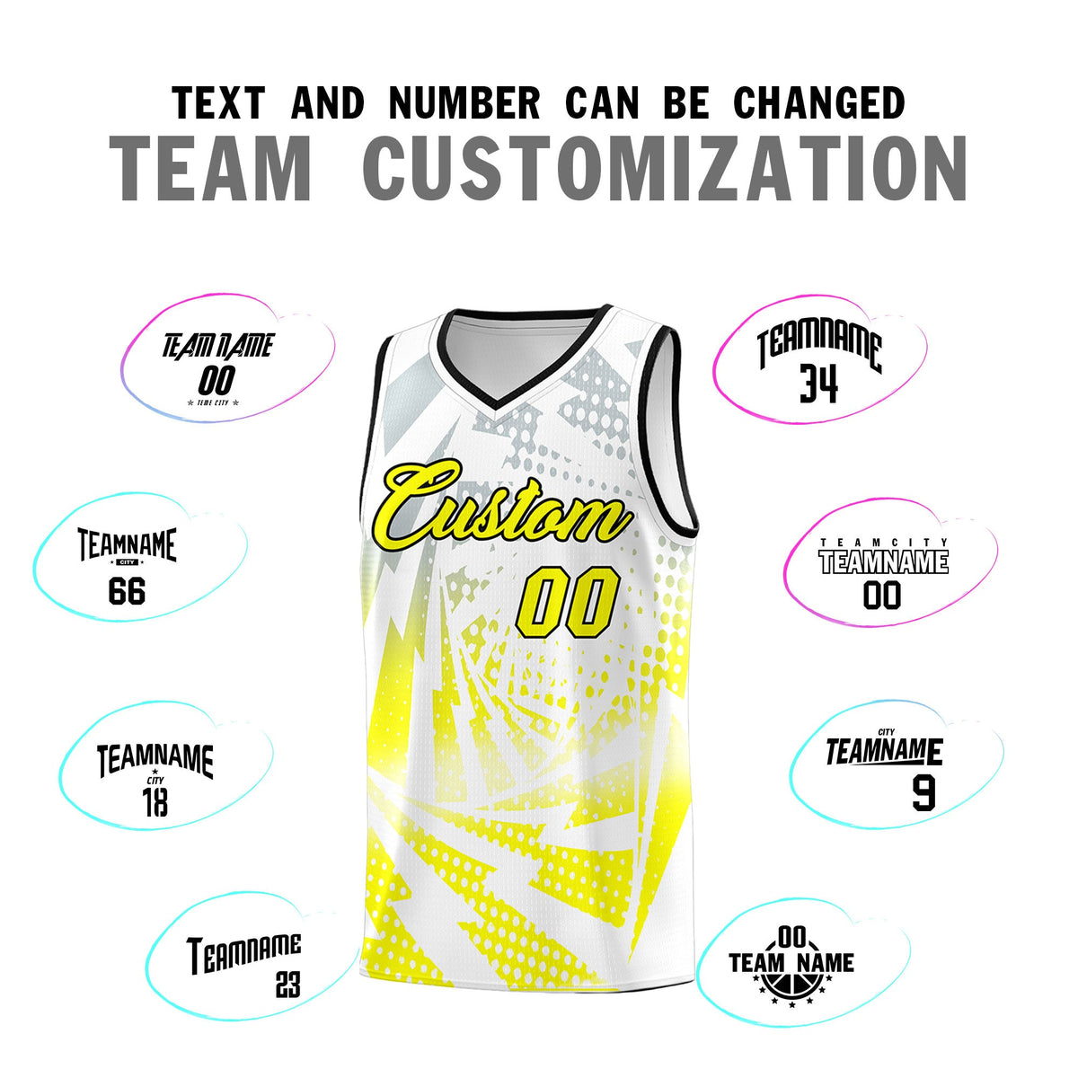 Custom Youth Basketball Jerseys White Fluorescent Yellow Lightning Halftone Personalized Team Uniforms