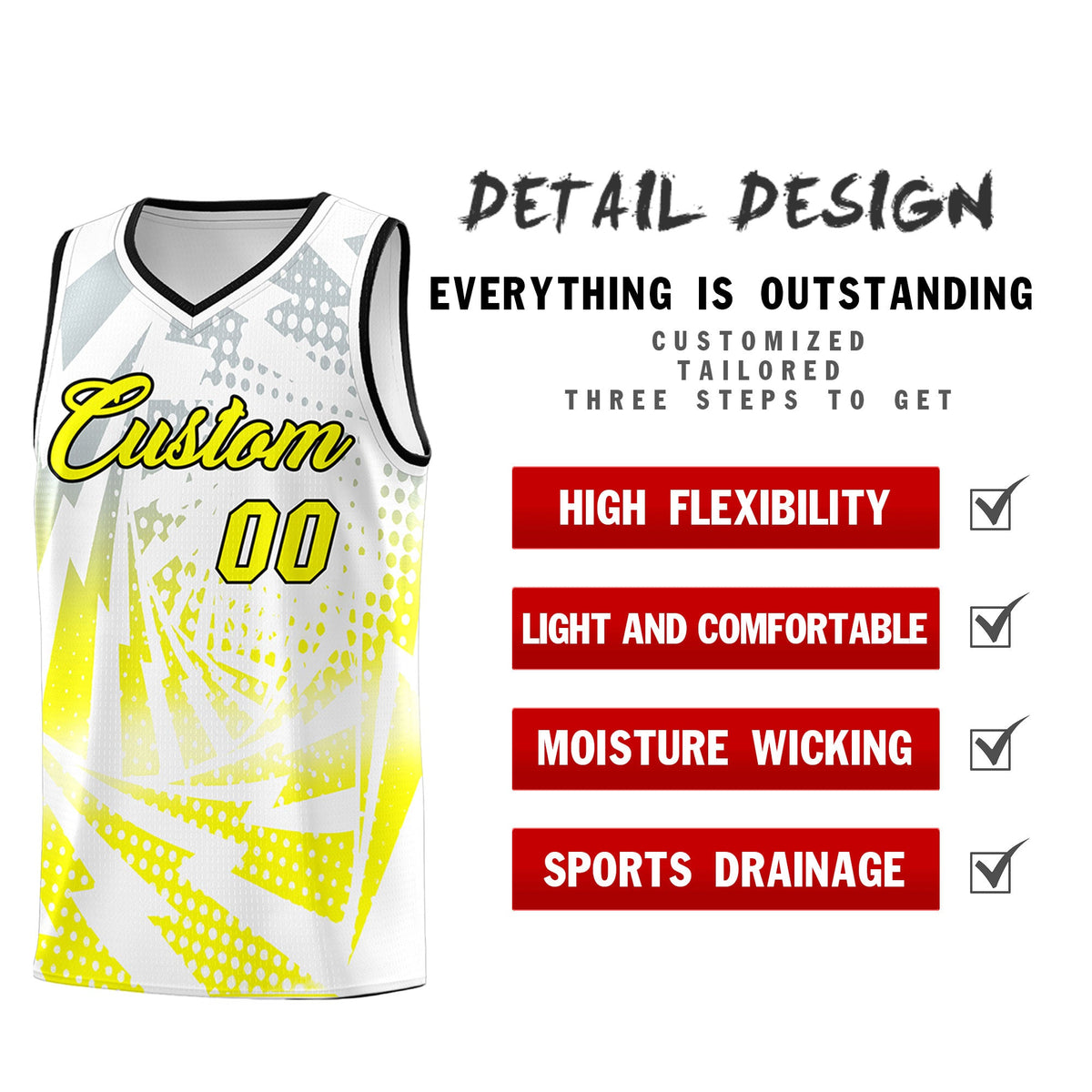 Custom Youth Basketball Jerseys White Fluorescent Yellow Lightning Halftone Personalized Team Uniforms
