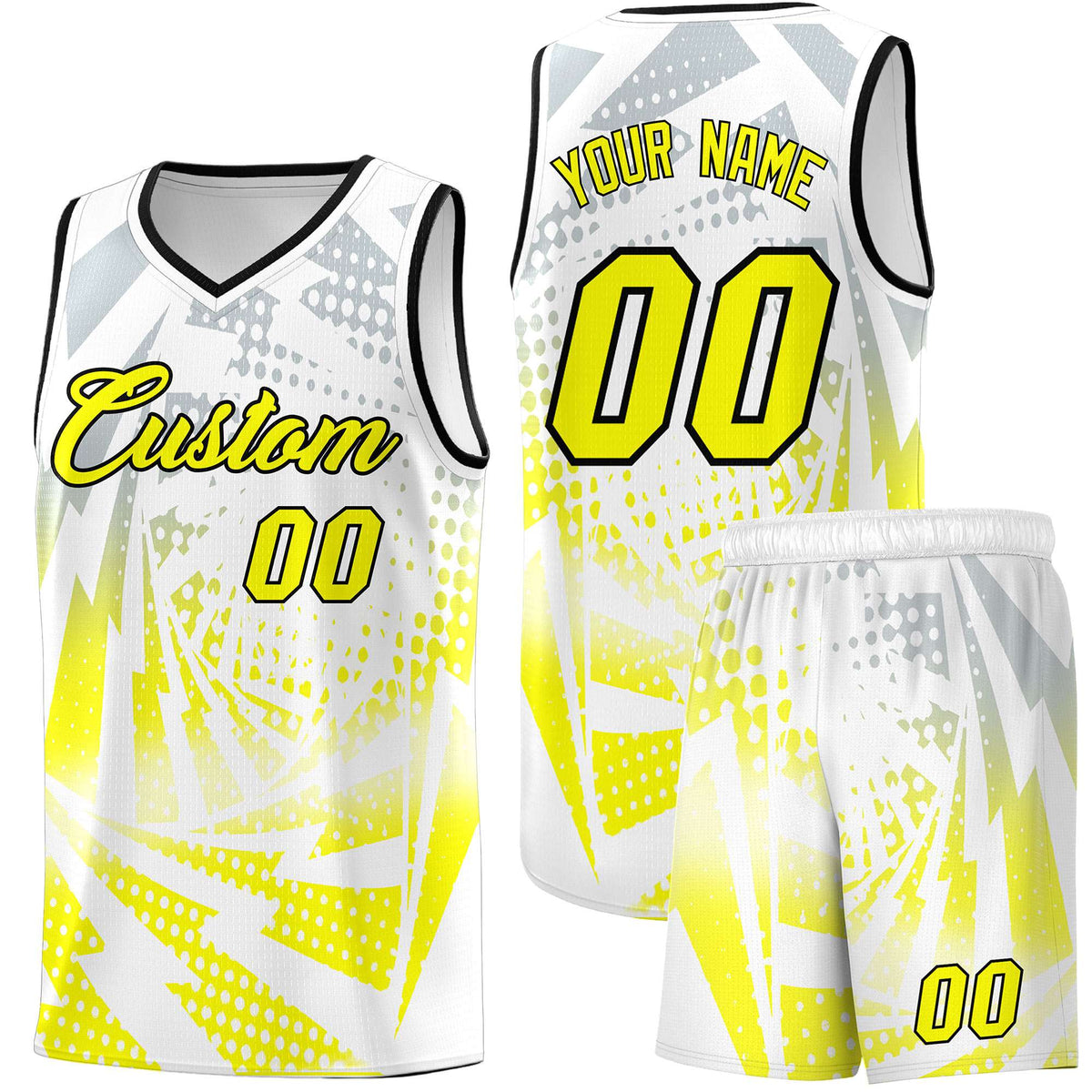 Custom Youth Basketball Jerseys White Fluorescent Yellow Lightning Halftone Personalized Team Uniforms