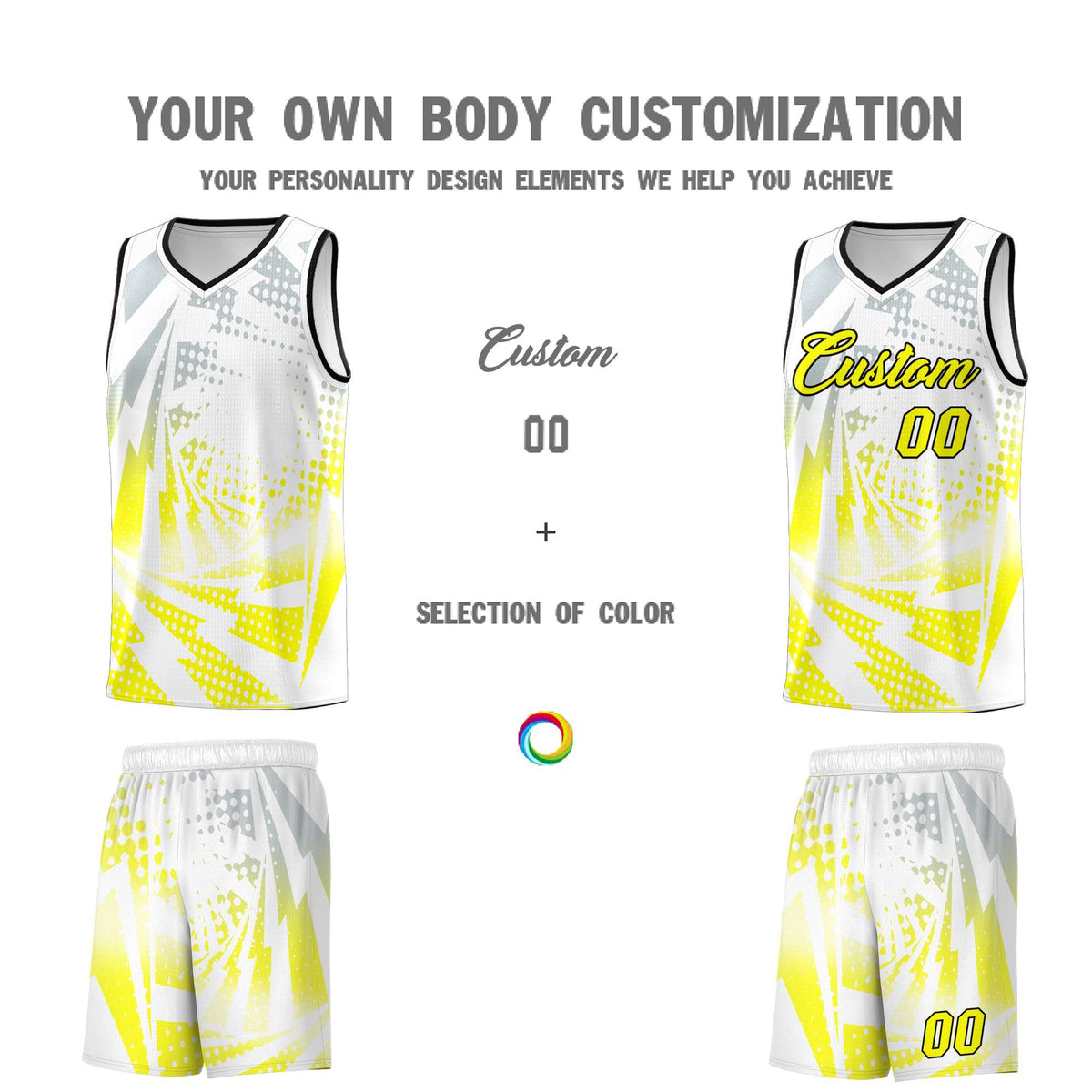 Custom Youth Basketball Jerseys White Fluorescent Yellow Lightning Halftone Personalized Team Uniforms