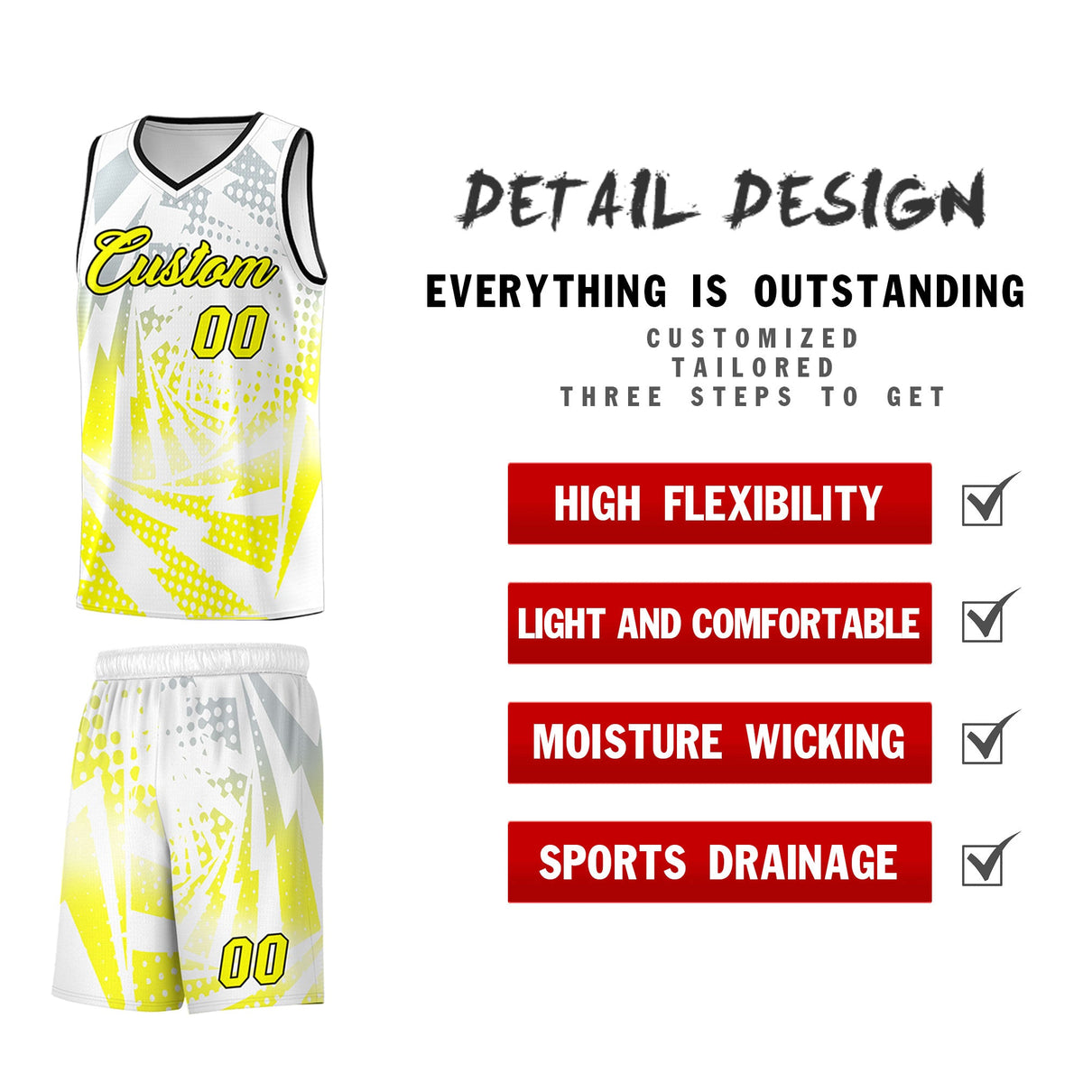 Custom Youth Basketball Jerseys White Fluorescent Yellow Lightning Halftone Personalized Team Uniforms