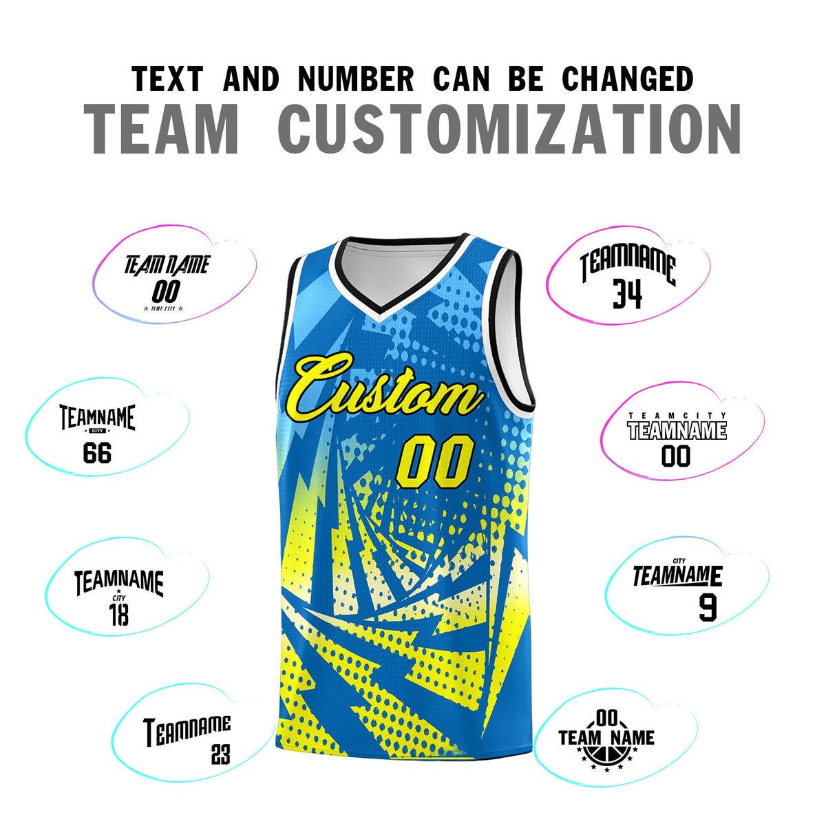 Custom Youth Basketball Jerseys Light Blue Fluorescent Yellow Lightning Design Halftone Personalized Uniforms