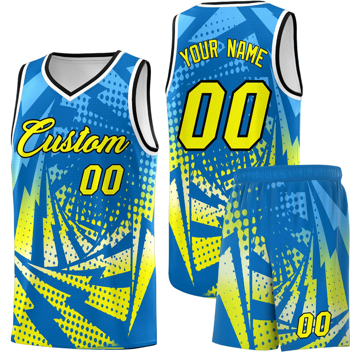 Custom Youth Basketball Jerseys Light Blue Fluorescent Yellow Lightning Design Halftone Personalized Uniforms
