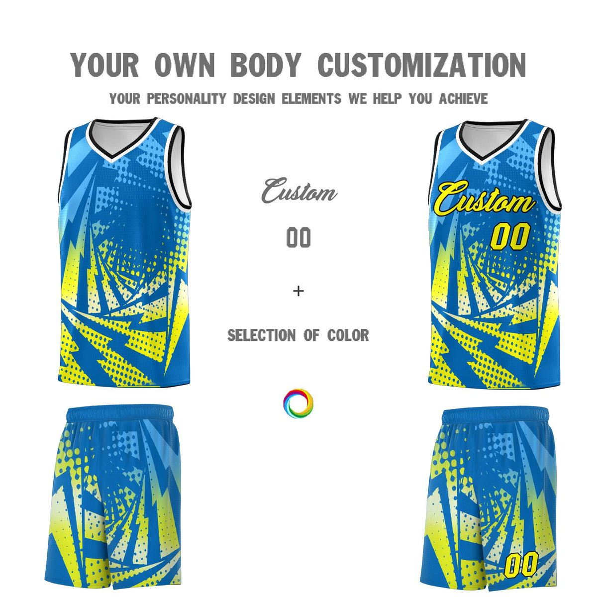 Custom Youth Basketball Jerseys Light Blue Fluorescent Yellow Lightning Design Halftone Personalized Uniforms