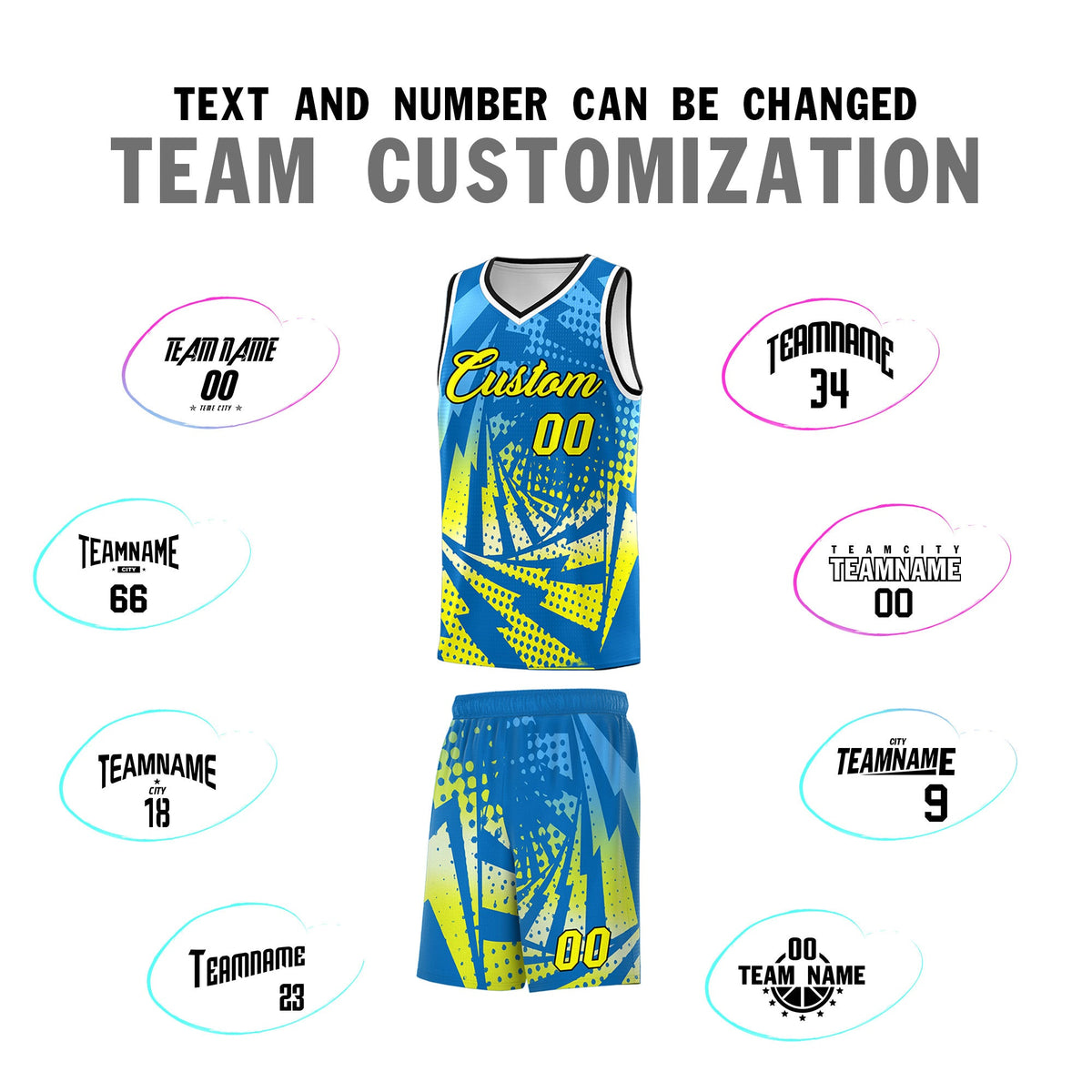 Custom Youth Basketball Jerseys Light Blue Fluorescent Yellow Lightning Design Halftone Personalized Uniforms